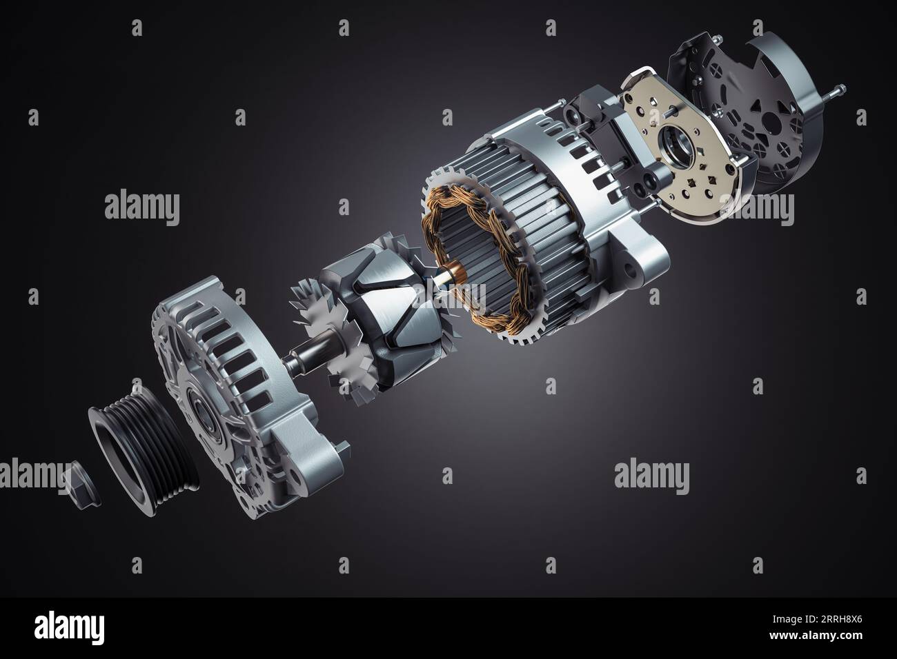 Structire e schema dell'alternatore per auto, generatore su nero. Structire e Scheme. illustrazione 3d. Foto Stock