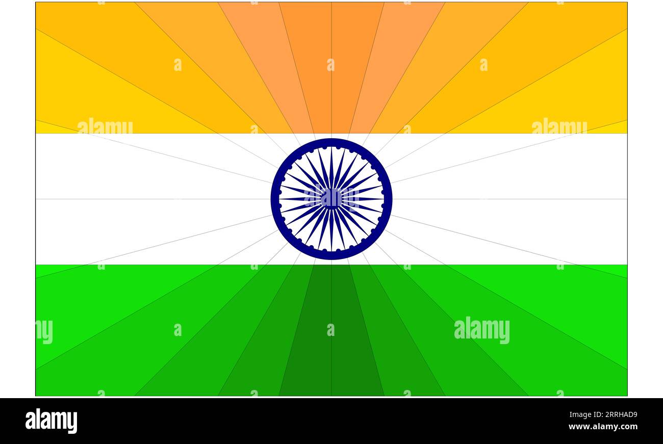 India, bandiera nazionale dell'India. colori ufficiali e proporzioni corrette e un gioco di sfumature di colore che partono dal centro con un motivo radiale. UNI Foto Stock
