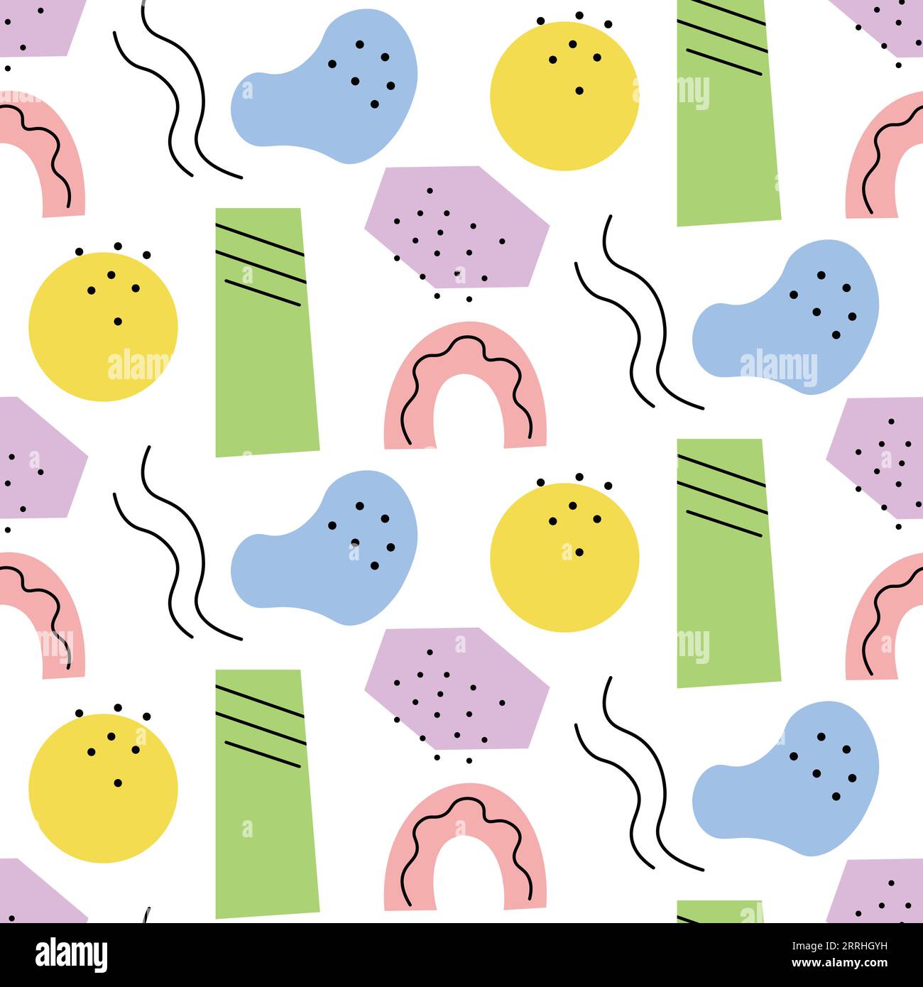 Forme geometriche colorate, stile memphis con linee a doodle. Modello y2k senza cuciture. Illustrazione Vettoriale