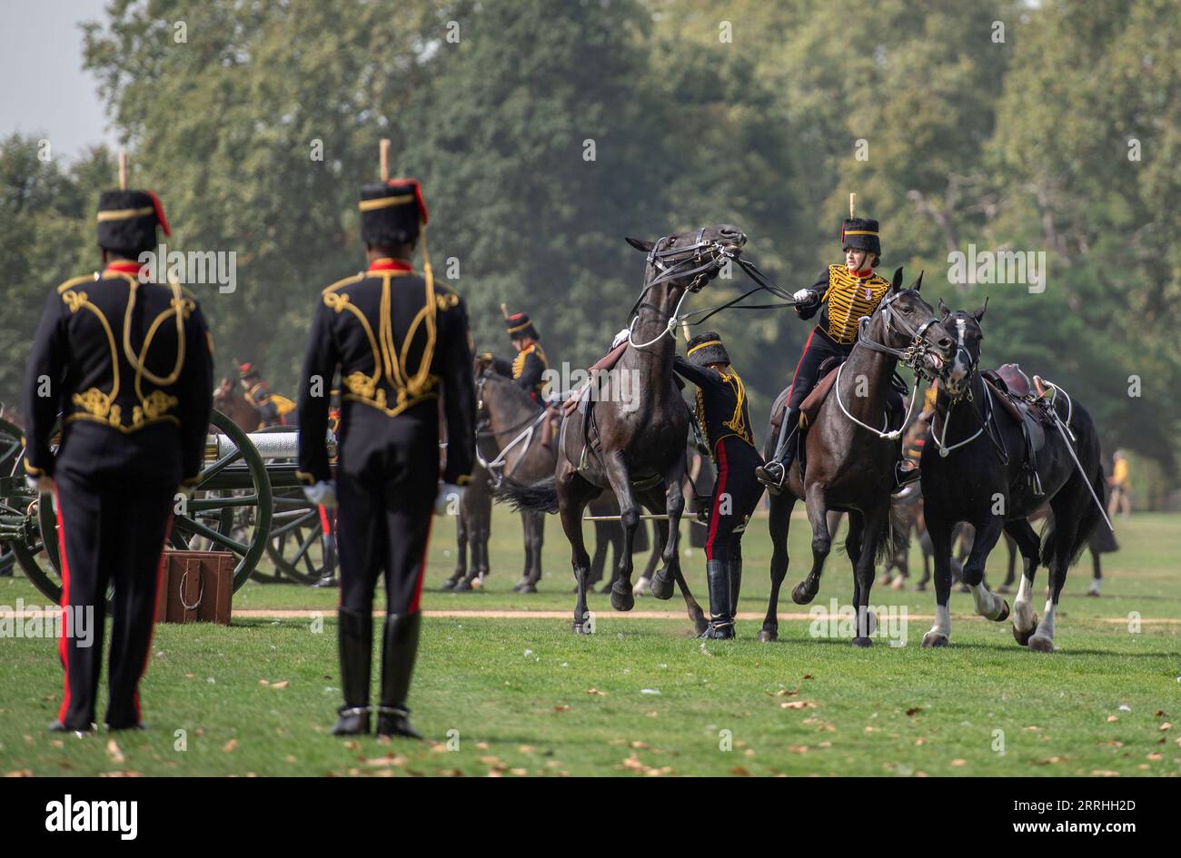 Hyde Park, Londra, Regno Unito. 8 settembre 2023. La King's Troop Royal Horse Artillery sparò un 41 Gun Royal salute a mezzogiorno sostenuto dalla Band of the Grenadier Guards per celebrare il primo anniversario dell'ascesa al trono di HM the King. Crediti: Malcolm Park/Alamy Live News Foto Stock