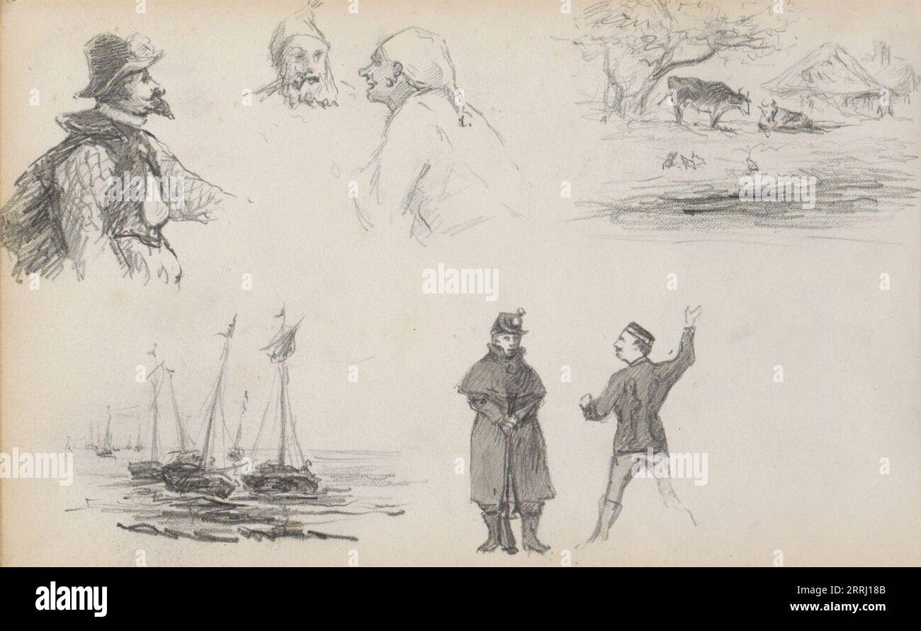 Studi sulle navi a vela, 1880. Soldati, un uomo in costume del XVII secolo e un uomo in berretto da notte e mucche in un prato. Foto Stock