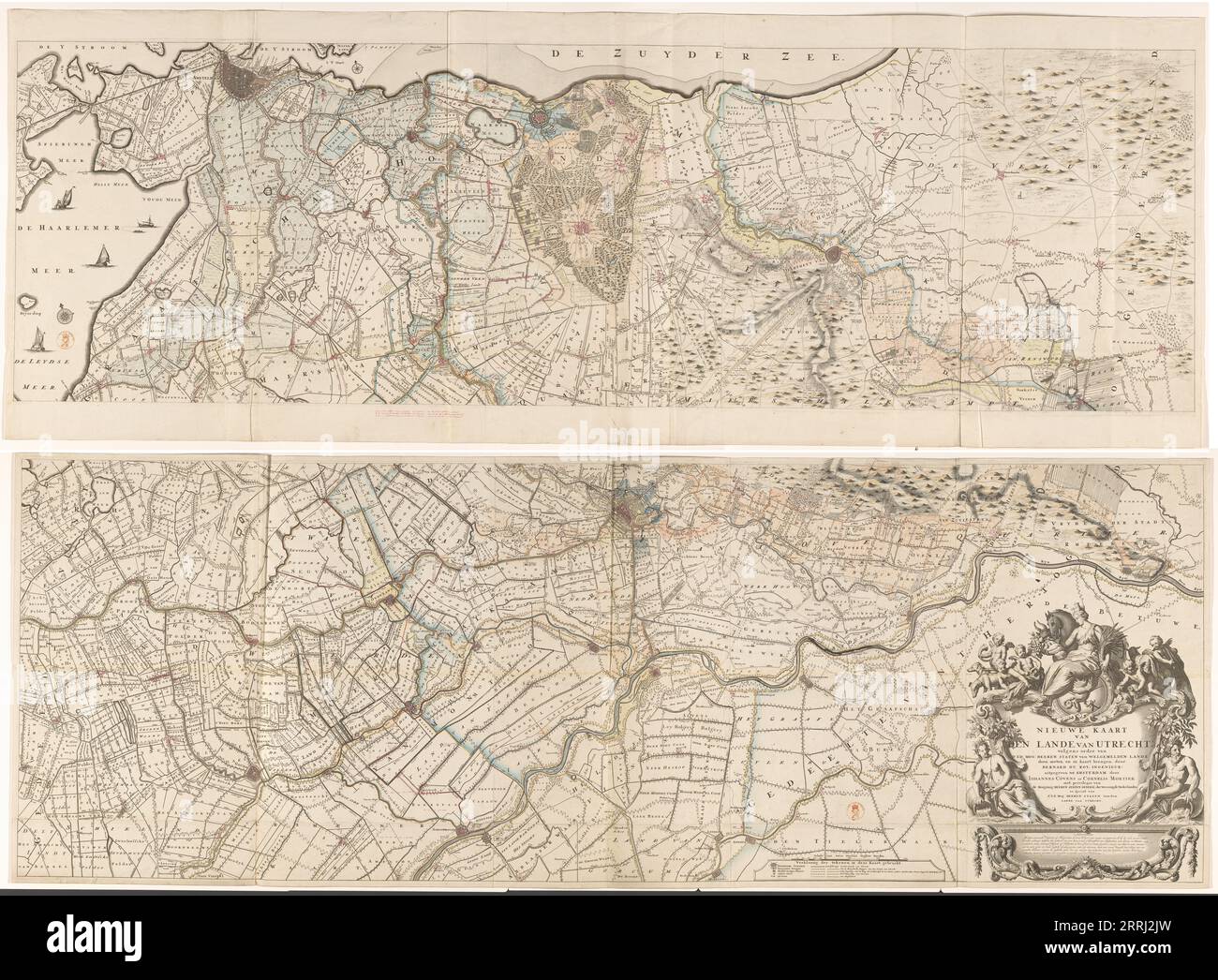 Mappa della provincia di Utrecht, composta da due parti, 1743. In basso a destra il titolo cartouche, stemma dell'Arcidiocesi di Utrecht. Sopra, una figura femminile con quattro torri sulla testa, in una mano il corno dell'abbondanza e nell'altra mano un guscio di mais. Intorno al cartiglio un dio fluviale con una controparte femminile e putti con attributi che si riferiscono alla caccia, all'agricoltura, all'estrazione della torba e alla pesca. Sotto il cartiglio un annuncio per la stampante. Sono state fatte varie aggiunte scritte a mano. Foto Stock