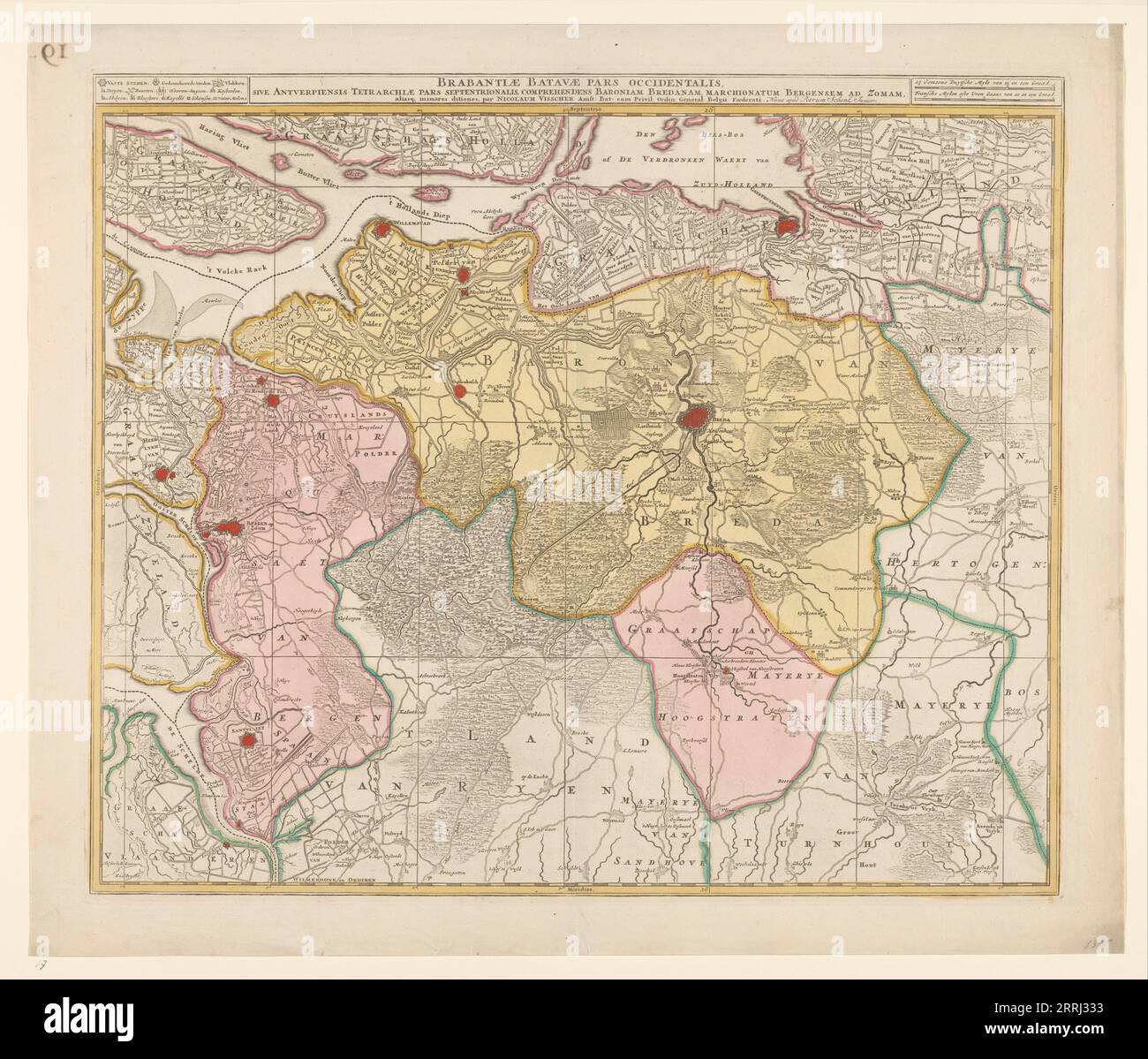Mappa delle Baronie van Breda, c.1780. Nella parte superiore sinistra dell'elenco delle città e dei villaggi. In alto a destra la scala in miglia tedesche e francesi. Foto Stock
