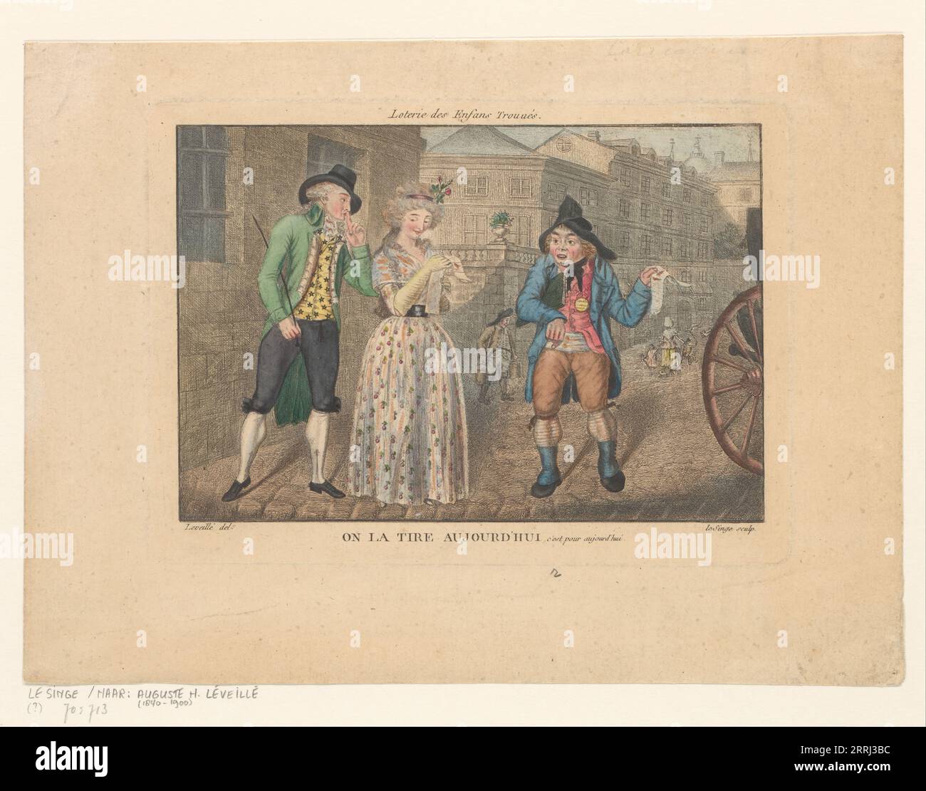 Lotteria per le fonderie, 1800-1899. "On la tire aujourd'hui, c'est pour aujourd'hui". (Lo annunciano oggi, è per oggi). Parigi: Un venditore di strada vende biglietti della lotteria a una coppia vestita alla moda, in aiuto degli orfani. Forse dopo un disegno di Auguste Hilaire L&#xe9;veill&#xe9; Foto Stock