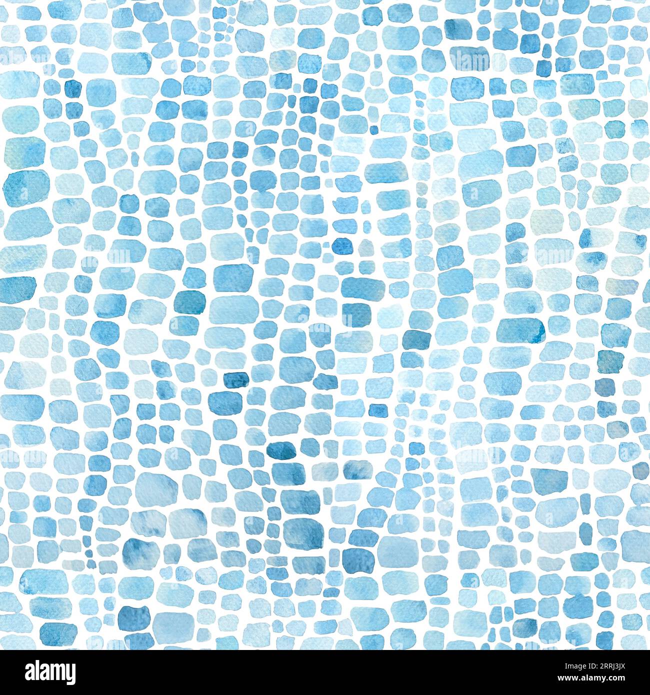 Rettile coccodrillo astratto scala blu e bianco acquerello sfondo senza cuciture. Acquerello stampa in scala di pelle di animali disegnata a mano. Trama geometrica. Foto Stock