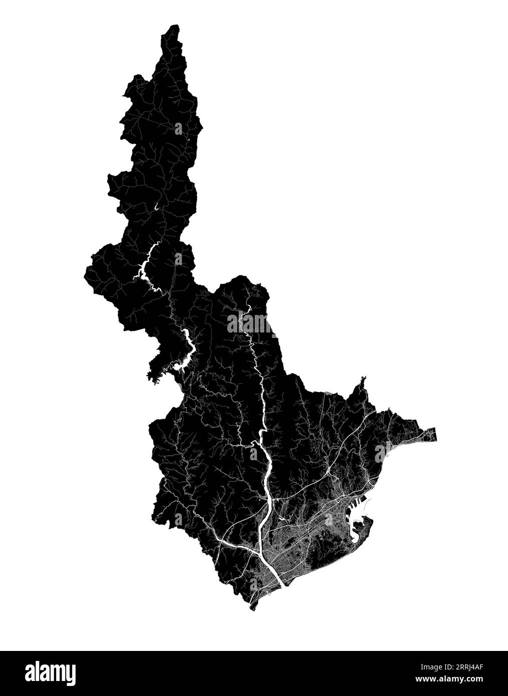 Mappa di Shizuoka. Mappa nera dettagliata dell'area amministrativa della città di Shizuoka. Vista sull'aria metropolitana con poster del paesaggio urbano. Terra nera con strade bianche e avenue Illustrazione Vettoriale
