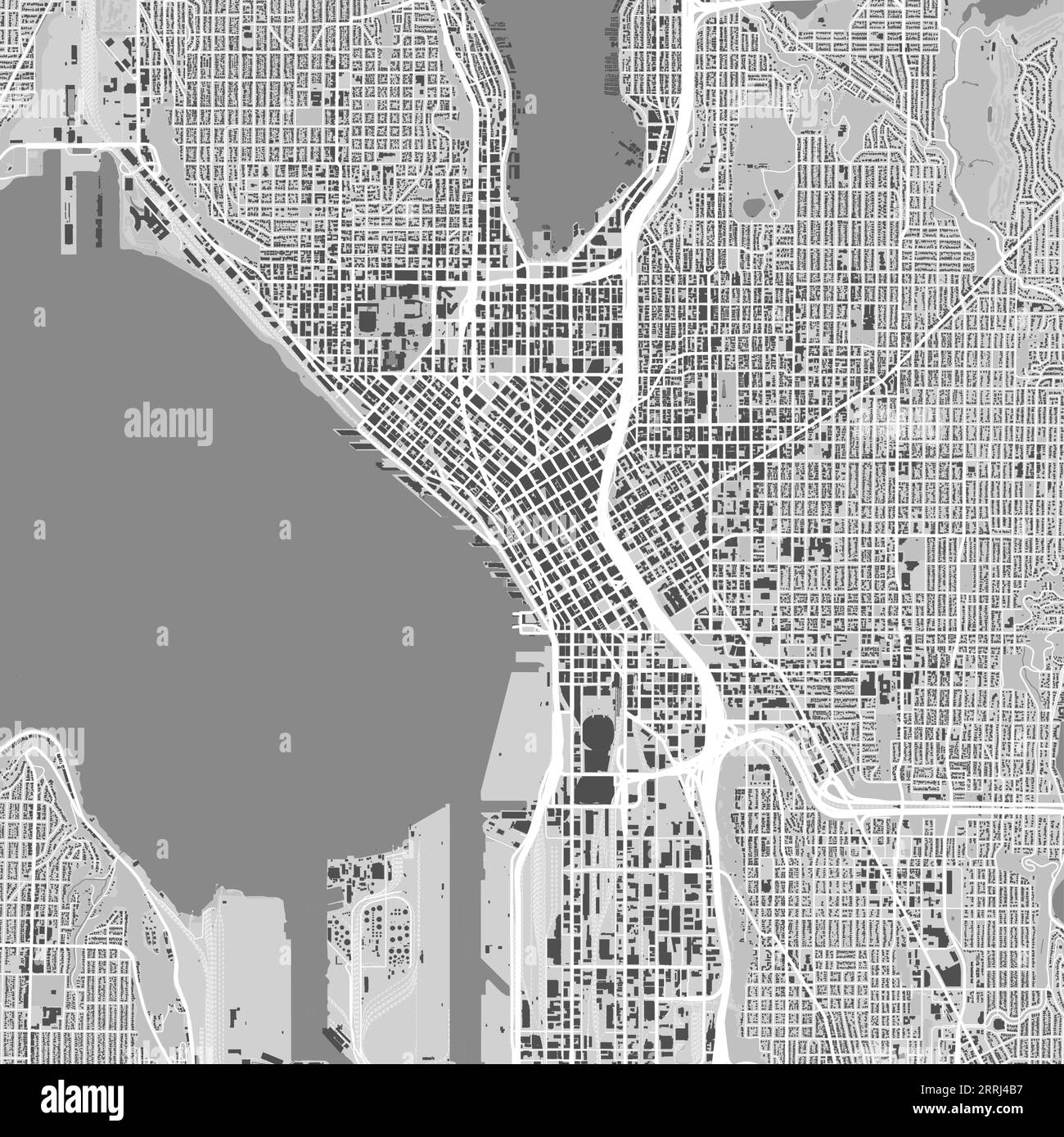Mappa della città di Seattle, Stati Uniti. Poster urbano in bianco e nero. Immagine della mappa stradale con vista sull'area metropolitana della città. Illustrazione Vettoriale
