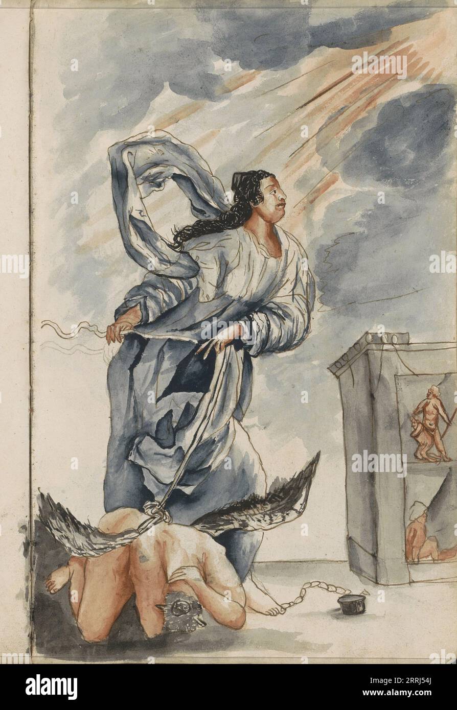 Figura in una lunga veste con un angelo incatenato, 1696. La figura alata sembra avere corna, quindi potrebbe rappresentare Lucifero. Foto Stock