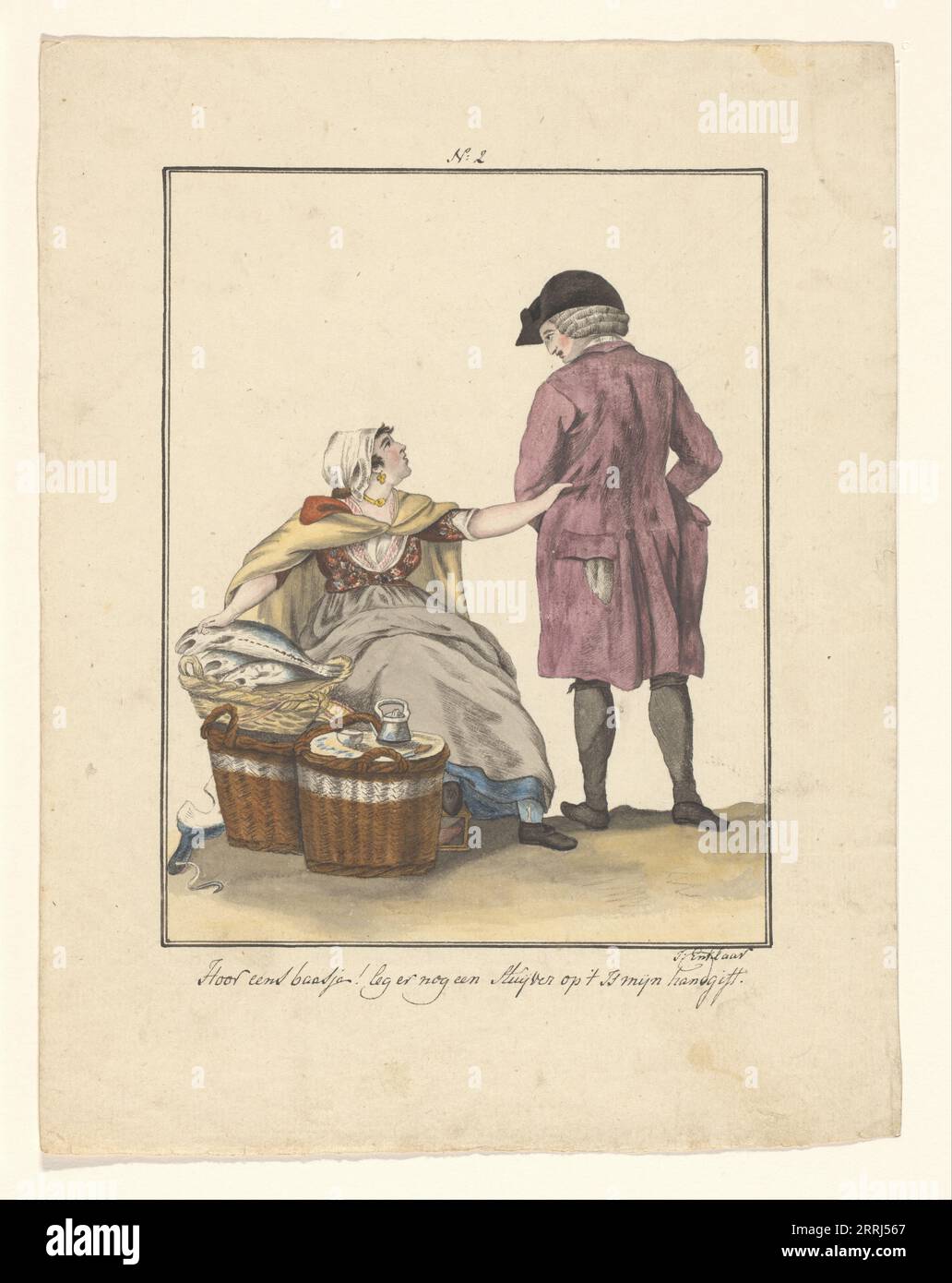 Venditore di pesce e cliente, 1803-c.1899. Un venditore di pesce di Amsterdam afferra il cappotto di un uomo di passaggio nella speranza che le compri il pesce. Foto Stock