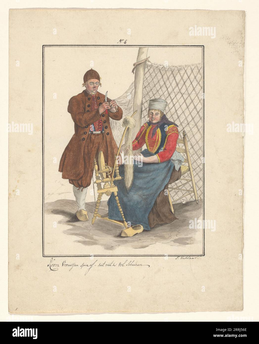 Fisher Couple da Schokland, 1803-c.1899. La donna sta girando il filato con il quale suo marito mende la sua rete. Foto Stock