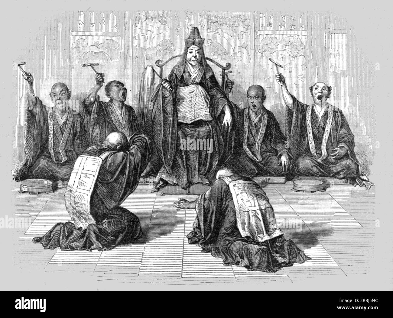 "Sommo sacerdote buddista adorato dai suoi subordinati; Un soggiorno europeo in Giappone", 1875. Da, "Illustrated Travels" di H.W. Bates. [Cassell, Petter e Galpin, c1880, Londra] Foto Stock