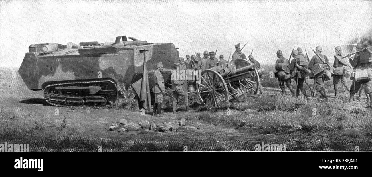 "La Replique de Foch: La Deuxieme victoire de la Marne; Char d'assaut ramenant du combat un canon de 77 intact, pris a l'ennemi", 1918. Da "l'album de la Guerre 1914-1919, volume 2" [l'Illustration, Paris, 1924]. Foto Stock