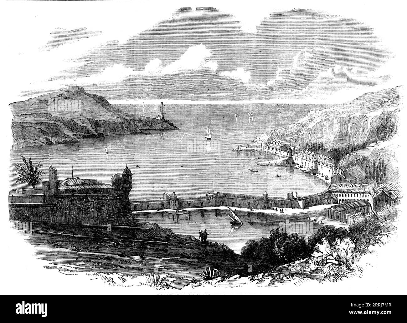 Villafranca - da uno schizzo di Leclerc, 1858. "Questa città, situata in un breve distance...from Nizza, sorge da una piccola baia a forma di anfiteatro ed è difesa da un forte. Ha...un porto eccellente, con un molo bagnato. Possiede una pesca produttiva al tonno e un commercio di olio, frutta, seta, vino, mais, e la canapa, che dà occupazione alla sua popolazione, per un totale di circa 2580 anime. L'arsenale è composto, in primo luogo, dal Lazaret, un grande edificio diviso in tre parti, con magazzini, padiglione, cappella e cortile. Questi sono a destra... in secondo luogo, di una vecchia S Foto Stock