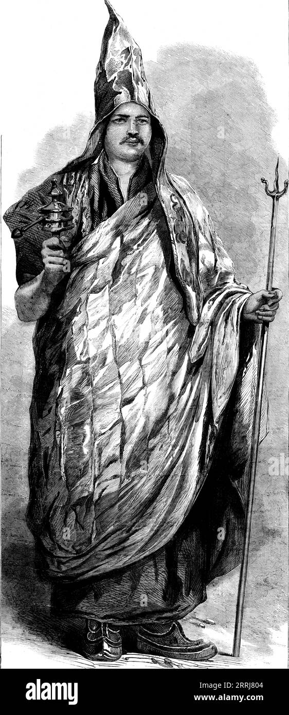 A Lama of the Dalai Sect, Thibet, with His Praying-Wheel and Trident - disegnato da W. Carpenter, giugno 1858. "Questi preti della religione buddista... [Sono] divisi in due sette, distinte per il colore dei loro paramenti - la setta Dukpa che indossa il rosso e il giallo Dalai; e per lo più, come nel caso davanti a noi, di raso broccato...il cilindro di preghiera o manichhos-khor (la preziosa ruota religiosa) che questo individuo porta nella mano destra è uno strumento molto singolare...[il corpo] è un cilindro di metallo...[e] è pieno di rotoli di preghiere stampate e fascino che ruotano come i Foto Stock