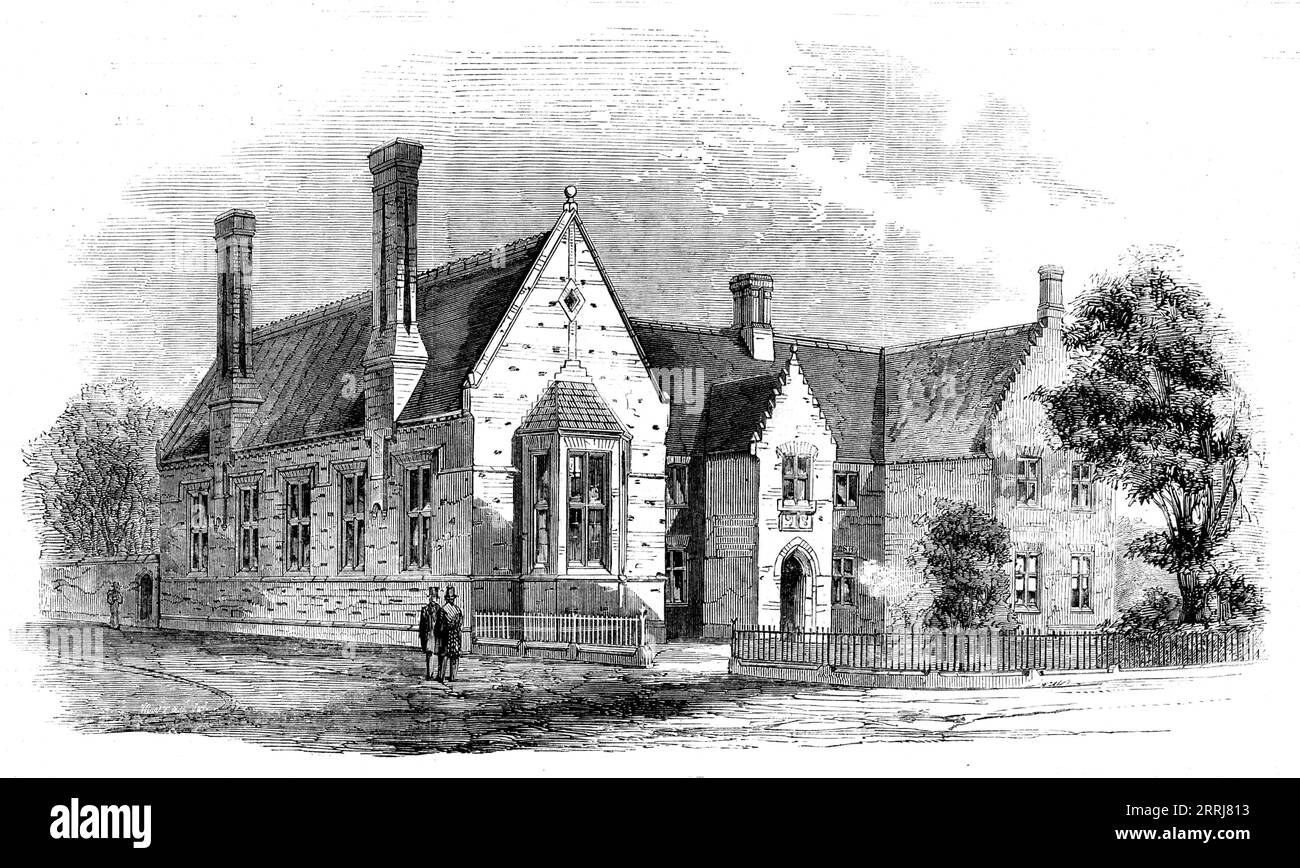 La New Gresham Grammar School a Holt, Norfolk, 1858. "Una grande festa della nobiltà e del clero del distretto riunita a Holt... su invito del primo guardiano e di una delegazione della Fishmongers' Company di Londra, per celebrare la riapertura della Gresham Grammar School in quella città, fondata nel 1554 da Sir John Gresham, e di cui l'azienda è fiduciaria. Il nuovo edificio e' costruito con mattoni rossi e neri, nello stile del periodo dell'edificio originale... [È] in grado di ospitare ottanta studiosi... è stato adottato Un tetto piatto, di pino macchiato, diviso in sezioni quadrate Foto Stock