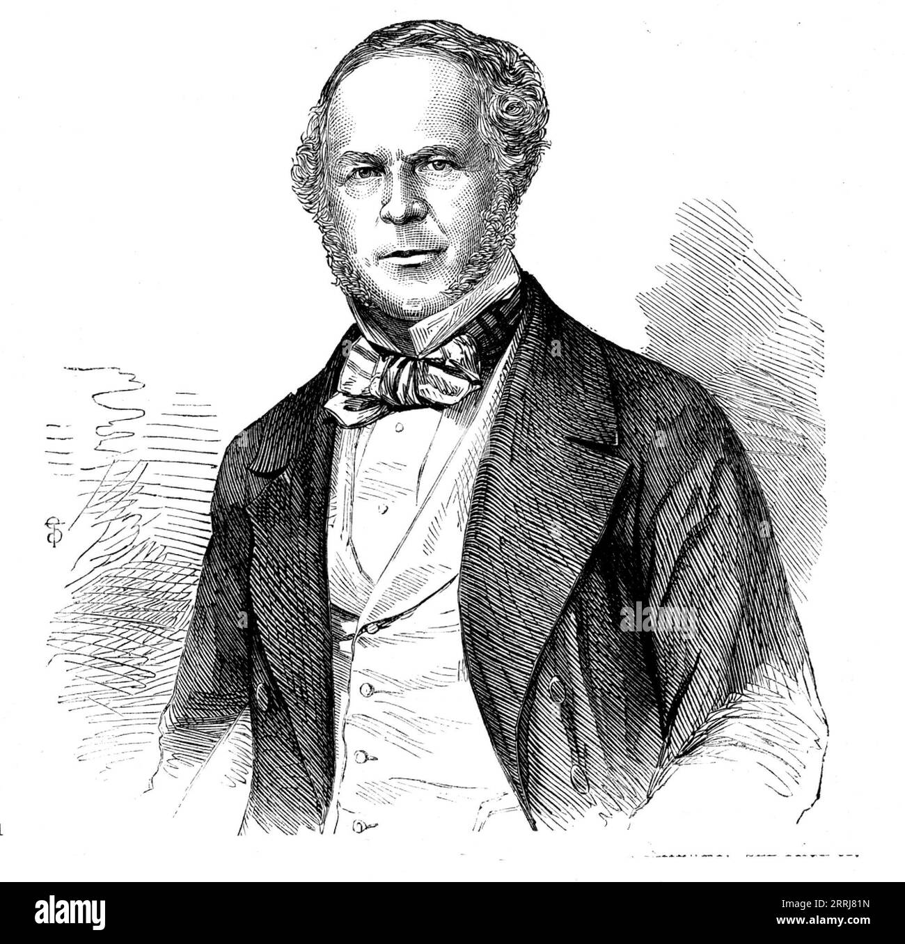 Capitano Huish, ultimo direttore generale della North-Western Railway, 1858. Incisione da una fotografia di Mayall. Non appena l'intenzione del Capitano di dimettersi fu comunicata ai direttori, si incontrarono e approvarono all'unanimità una risoluzione che esprimeva il loro "senso della sua grande abilità, integrità, industria non stanca e costante devozione agli interessi della compagnia... e del loro rispetto e stima personali". A questo complimento è stato allegato un addendum sotto forma di sovvenzione di &#xa3;3000...all'età di sedici anni [Capitano Huish] è entrato al servizio della compagnia delle Indie Orientali, e raggiunto Foto Stock