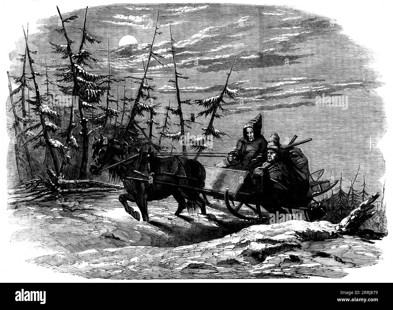 Caccia agli alci in Canada - in rotta per il terreno di caccia, 1858. '...un paio di abitanti ben chiusi in una rude slitta trainata da un pony, sulla strada per il terreno di caccia, le racchette da neve e il vaso di ferro sospesi dietro suggerendo visioni di forti tramping e buone feste... I mesi preferiti per la caccia all'alce sono marzo e settembre, anche se il numero di loro viene ucciso durante tutti i mesi autunnali e invernali... quando la neve è morbida... [l'alce] spazza attraverso di esso senza difficoltà, e in questi momenti è difficile stare al passo con loro... Anche se non tutti ortodossi, ci sono cinque me Foto Stock