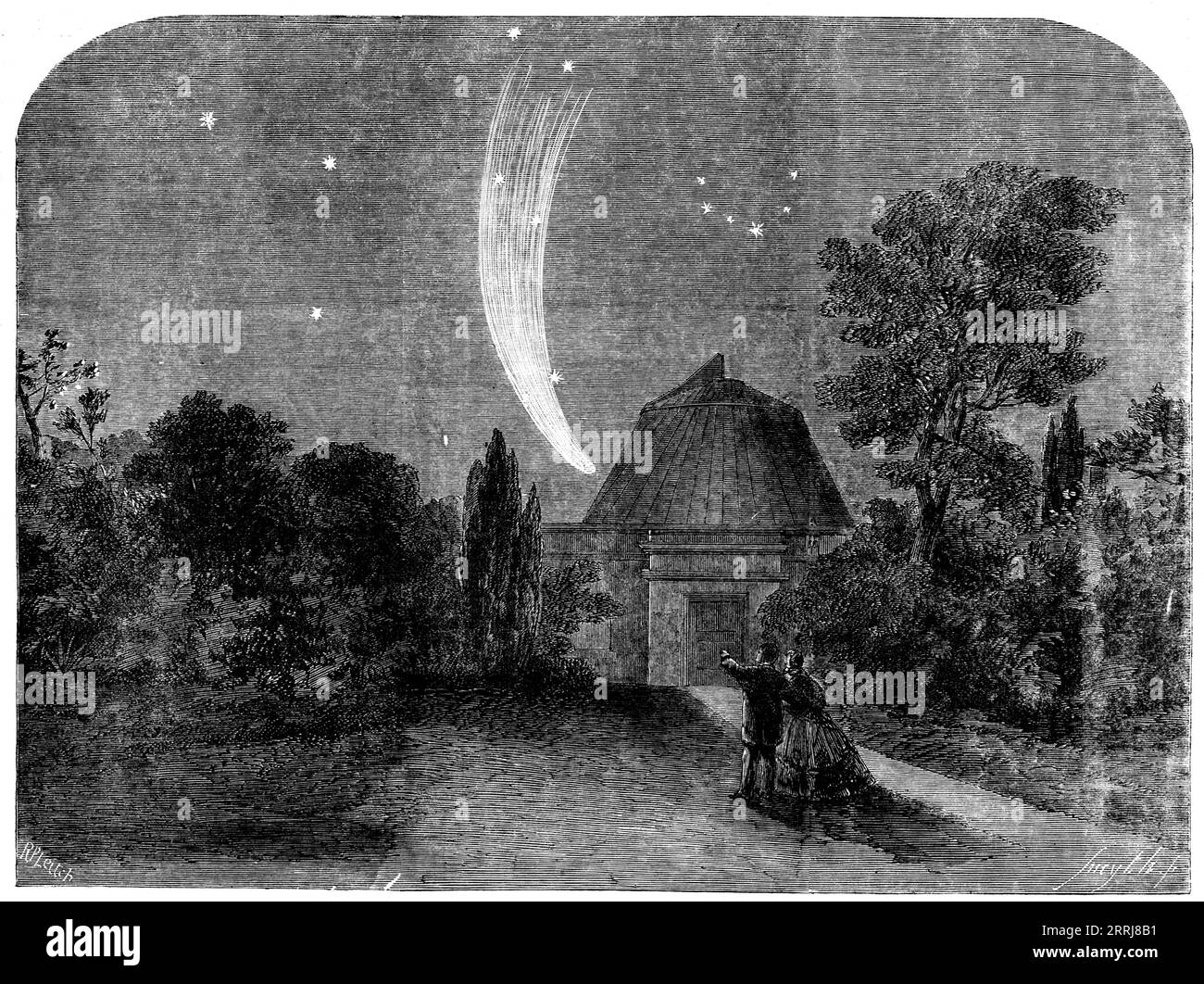 La cometa di Donati, vista dall'Osservatorio di Cambridge, l'11 ottobre 1858. "Come accade, ma raramente, che si verifichi un'opportunità così favorevole per esaminare i cambiamenti che avvengono nella testa e nel nucleo di una grande cometa che si avvicina e si allontana dal sole come nel magnifico oggetto appena scomparso dalla vista, alcuni particolari che rispettano quelli non possono essere collocati male nelle colonne del London News illustrato...nella notte dell'11 ottobre presentava più o meno lo stesso aspetto del 9, con l'eccezione che due raggi luminosi venivano notati come procedenti dal nocciolo Foto Stock