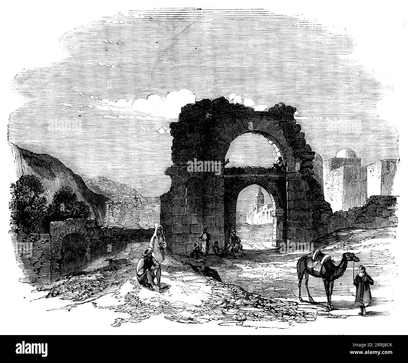 Un'escursione da Tunisi a Zowan - ingresso romano e saraceno a Zowan, cinquanta miglia a sud da Cartagine, 1858. Incisione da uno schizzo del signor Arthur Hall, fatto durante '...un'escursione da Tunisi alla sorgente del torrente che forniva acqua a Cartagine...circa l'una siamo arrivati alla periferia della città di Zowan, che si trova ai piedi della montagna da cui i Cartaginesi procuravano le loro acque. Che contrasto ora si è presentato al deserto sabbioso su cui avevamo faticato! Ruscelli bellissimi, limpidi e sguscianti si riversavano in ogni direzione, e passavano verso l'alto Foto Stock