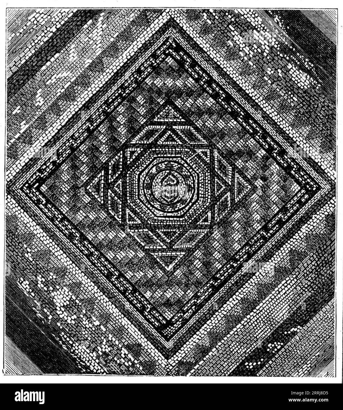 Tesselated Roman Pavement a Dorchester, 1858. "...è stata scoperta una pavimentazione romana molto bella e perfetta [nei terreni della prigione della contea]. Il marciapiede misurava 20 piedi quadrati...molte porzioni di marciapiede romana sono state formate vicino allo stesso punto, che segna la località come residenza di alcune persone di rango durante l'occupazione romana...Sig La stampa in carbonio di Pouncy [è stata] pronunciata dal professor Owen, a Leeds, come... la grande scoperta dell'anno - attraverso la quale è stato ottenuto il facsimile della pavimentazione: "Il signor John Pouncy, di questa città, ha Foto Stock