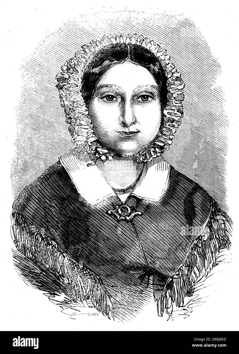 La defunta Madame Ida Pfeiffer, 1858 anni. Incisione su un dipinto di Miss Emily Marie Schm&#xe4;ck, un parente. "Il record della carriera avventurosa di [Madame Pfeiffer] si legge come una storia in The Arabian Nights... nel 1842 lei... attraversò Turchia, Palestina ed Egitto... proseguì, via Capo Horn, fino a Chili, e da qui a Tahiti... Successivamente raggiunse il China...proceeded a Calcutta, nel and...Bombay...began un pericoloso viaggio a Mosul, viaggiando, come la descrisse, come il più povero arabo... continuò il suo viaggio attraverso la Persia, e, tornando a casa attraverso la Russia, Costantinopoli e Atene, raggiunse Foto Stock