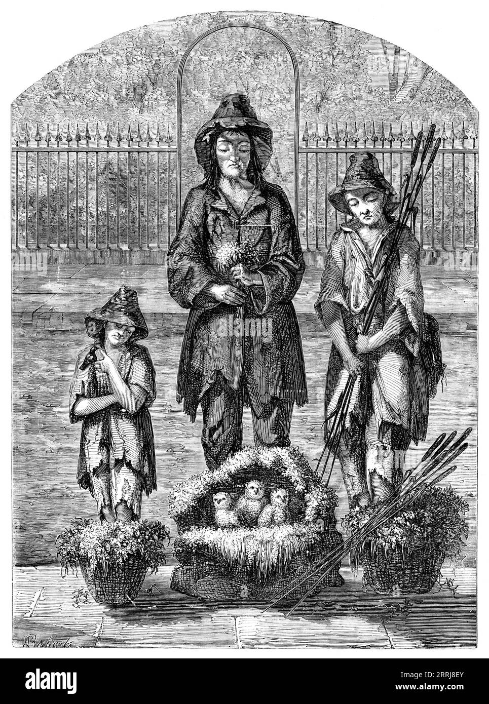 A Sketch in the Streets of London, 1858. Incisione '...from a Sketch of M. Louis Bulewski... di un esemplare molto curioso di nomadi inglesi... non sappiamo come descrivere meglio il loro costume generale e il loro aspetto se non dicendo che è simile a quello con cui il signor Dickens ha investito Barnaby Budge, inoltre, una certa quantità di disinvoltura... portano su di loro alcuni segni di origine zingara nei loro occhi scuri luminosi e nelle lunghe chiuse degli elfi... si ritiene che questi particolari arabi di strada di Londra siano conosciuti con il nome generico di "venditori di nidi di uccelli" e il nido del gufo nello Sketch Foto Stock