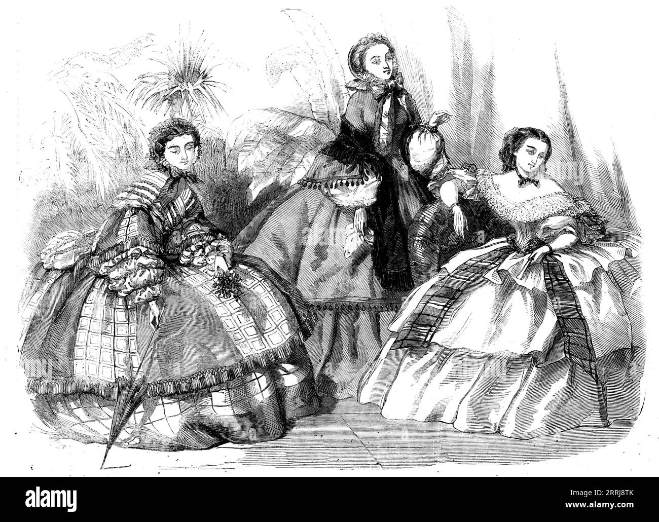 Abiti per ottobre 1858. «1. Vesti nel nuovo stile chiamato &#xe0; Six lis. Ha una doppia gonna - quella superiore composta da sei larghezze di seta di due tipi diversi... il corsage è alto tre quarti e sopra di esso è indossato un piccolo fichu Antoinette... le maniche, che, come la gonna superiore del vestito, sono fatte di due diverse sete, sono larghe... sotto le maniche di tulle semplice in tre puff... la gonna inferiore è composta da seta a scacchi...cofano di paille-de-riz...2. Vestito con doppia gonna di seta verde...il corsage è semplice, alto fino alla gola e puntato in vita...la sciarpa Foto Stock