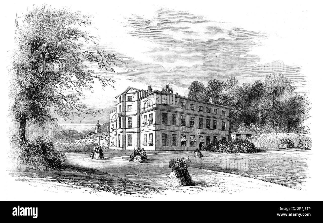 Moor Park, Surrey, 1858. "Questo affascinante rifugio, famoso come residenza di Sir William Temple, e associato attraverso di lui a un illustre elenco di celebrità, si trova in una valle riccamente boscosa... originariamente si chiamava Compton Hall, successivamente Moor Hall, e infine Moor Park. La tenuta, tra cui brughiere, boschi e prati, abbraccia circa 460 acri, di cui 60 sono occupati da piantagioni e giardini immediatamente circostanti la casa. L'unica modifica che sembra essere stata fatta nella tenuta fin dal primo periodo consiste nella modernizzazione dei terreni di piacere; in Foto Stock