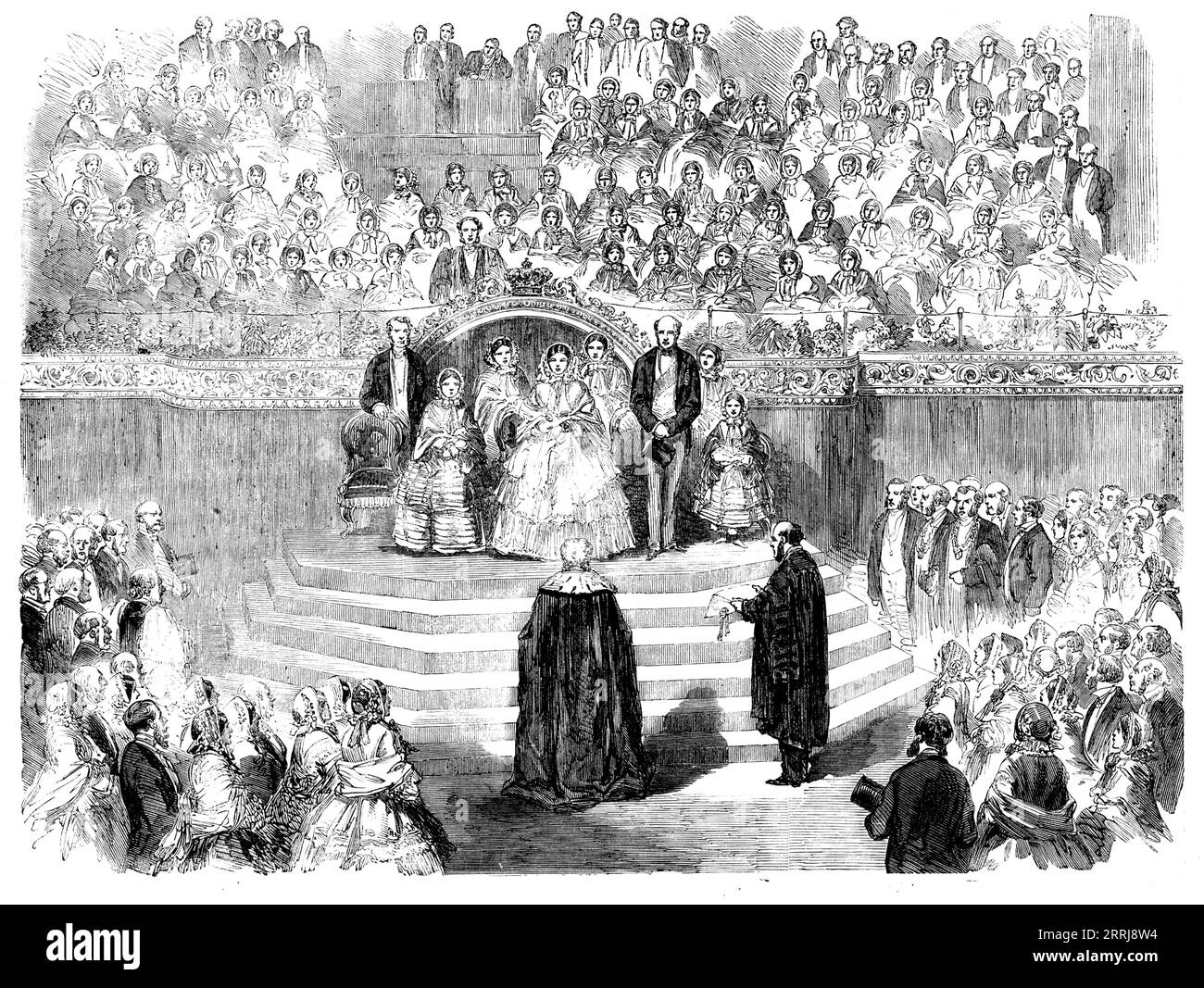 Visita della Regina a Leeds - l'impiegato della città che legge l'indirizzo a sua Maestà nel Townhall, 1858. La regina Vittoria visita il municipio di Leeds, nello Yorkshire. Da "Illustrated London News", 1858. Foto Stock