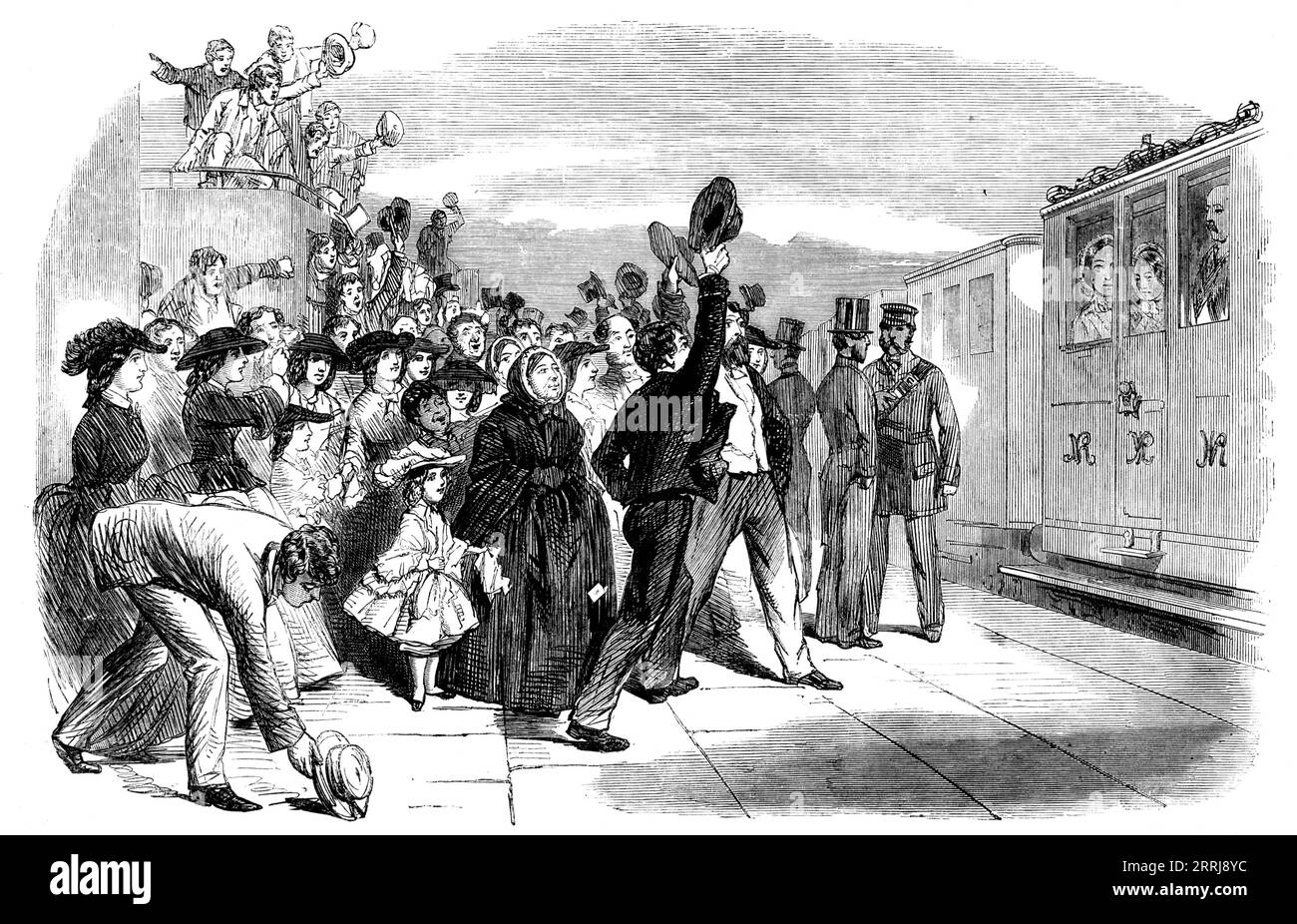 Sua Maestà, in viaggio per la Scozia, alla stazione di Dunbar, 1858. "...un treno di mostri di escursionisti, sotto la guida del signor Cook, di Leicester, stavano tornando dai loro vagabondaggi nella terra della montagna e dell'inondazione, e si avvicinavano all'antica città di Dunbar... quando l'esclamazione fu improvvisamente sentita: "La Regina sta arrivando!" Il treno si fermò, e immediatamente il passeggero dopo che il passeggero montò i tetti, e da lì salutò la compagnia reale con un grido di benvenuto... mentre il treno reale si fermava, centinaia di uomini, donne e bambini lasciavano le loro carrozze, decisero di vedere la Regina Foto Stock