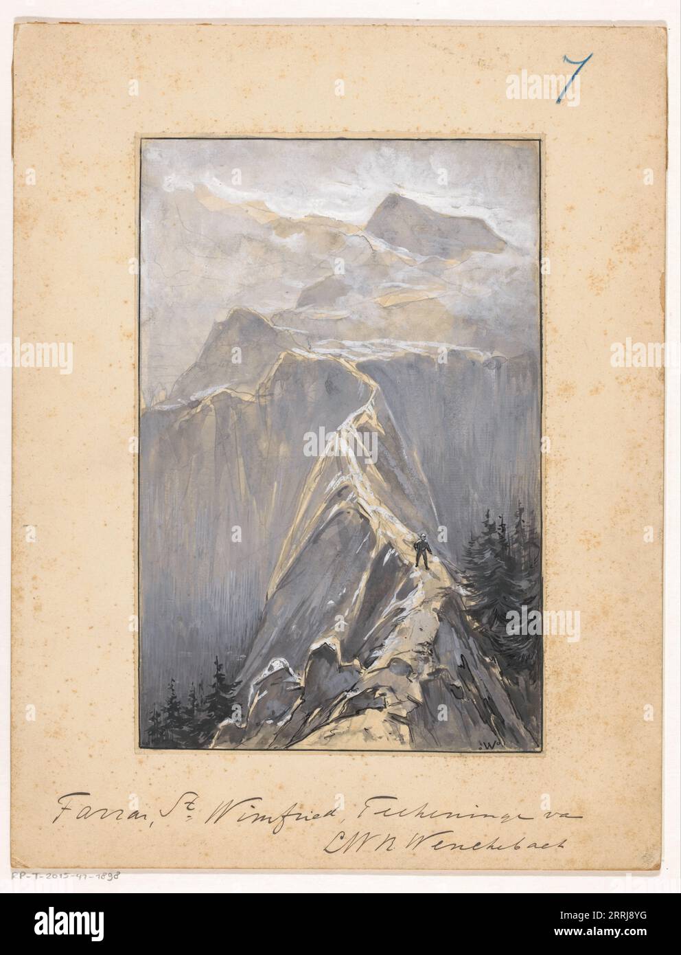 Il ragazzo cammina su un sentiero di montagna, 1894 o prima. Sullo sfondo, montagne e nuvole. Foto Stock