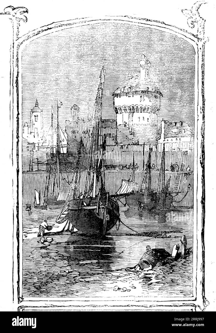 St Malo, 1858. St. Malo è un porto marittimo, nel dipartimento dell'Ille e Vilaine, sulla piccola isola di Aaron, che comunica con il continente per mezzo di una talpa. L'ingresso alla città alla fine della talpa è fortemente difeso. Ci sono anche bastioni intorno alla città; e sul lato nord è inaccessibile, a causa di rocce e fortificazioni. E' di forma oblunga. I principali edifici pubblici, come la cattedrale, il municipio e il palazzo episcopale, si trovano nella piazza del mercato. Il porto è grande, ma difficile da raggiungere. Ha un commercio considerevole, un Foto Stock