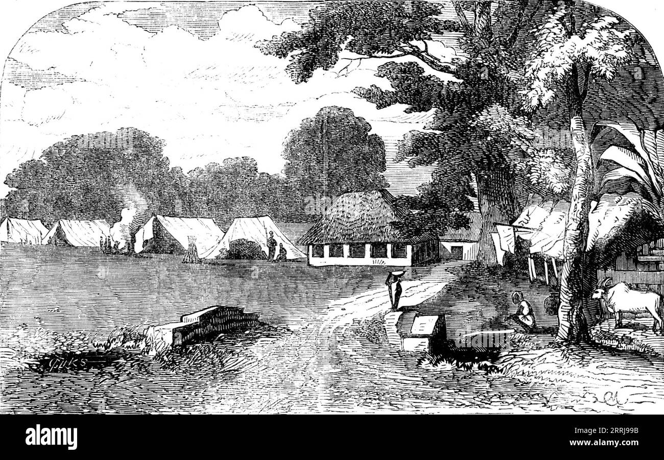 Sketches of Native Life in India - Sepoy Encampment at Barrackpore, 1858. Siamo in debito con il libro di bozzetti del signor Marshall Claxton per the...series di bozzetti caratteristici di alcune delle maniere, abitudini, e le usanze dei nativi dell'India... nei futuri annali dell'India, Barrackpore sarà menzionato e pensato con molto interesse, non solo come contenimento della residenza di campagna del Governatore generale, ma come il distretto in cui i sepoy si ammutinarono per la prima volta...". Da "Illustrated London News", 1858. Foto Stock