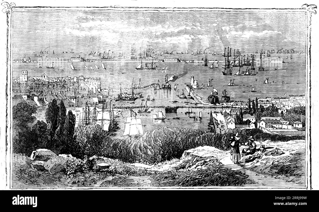 Cherbourg, 1858. "Tra il porto francese e la costa inglese si snodano sessanta o settanta miglia di mare; e, dopo aver ispezionato Cherbourg, non vorrai che il canale abbia un'ampiezza inferiore. La città stessa, non ha bisogno di dirlo a malapena, non è il luogo - è la parte meno importante di esso; la vera Cherbourg è costituita dal porto, dal porto militare, dal frangiflutti e dalle fortificazioni. Cherbourg sarebbe quasi tutto quello che è se la città non esistesse. Le immense opere non sono destinate unicamente alla sua difesa; il suo scarso commercio di esportazione e di coasting non richiede tali moli, moli, Foto Stock