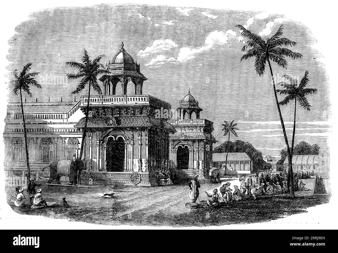 Palazzo di Tanjore - da un disegno di T.J. Rawlins, 1858. Tanjore, situata in un territorio fertile, era... una città ricca, o meglio, come ora, divisa in due forti e una pettah (città nativa), ricca di grandi edifici e maestose gopuras (pagode)... il grande forte, con le sue mura di quattro miglia di circonferenza, contiene, oltre alla sua celebrata gopura, il Durbar, o "sala del pubblico", costruita dalla famiglia Cholu... il "Chuttrum di Rajah", mostrato in Our View, l'ha sostituita e divenne la residenza del potentato. Questo edificio mostra le solite peculiarità dell'Hind Foto Stock