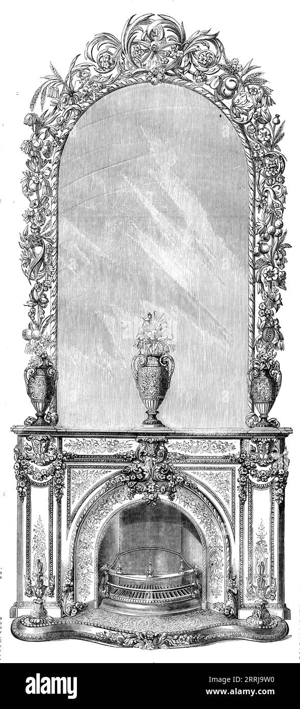 Stufa, mantelpiece e Looking-Glass per il sultano di Turchia, 1858. "Abbiamo inciso un disegno di griglie e mantelli, con specchi in cornici intagliate, riccamente dorate in opaco e oro brunito, eseguito dall'Alderman Copeland, di Stoke-upon-Trent e New Bond-Street, per il palazzo del Sultano sul Bosforo, da collocare nel Saloon Mahben. Tutti i mantelpiece sono composti da lastre di porcellana fine, riccamente decorate con gruppi di frutta e fiori, &amp;c., montate in modanature e arricchimenti di ormolu. Anche i vasi sui mantelpieces sono in porcellana fine, decorati con colori Foto Stock