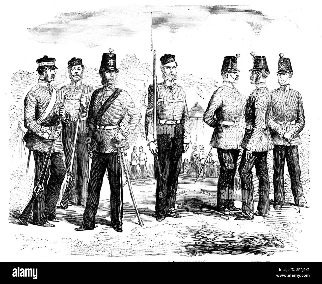 Il 100th (Prince of Wales' Royal Canadian) Regiment of the Line, 1858. "Abbiamo recentemente avuto due interessanti arrivi sulle coste dell'Inghilterra - il primo e il secondo distaccamento di un nuovo reggimento della linea formato in Canada. Quando la madrepatria era sotto la pressione della grande ribellione indiana, il Canada si offrì di creare un reggimento e metterlo a disposizione del governo. L'offerta fu accolta cordialmente, e in un lasso di tempo incredibilmente breve un reggimento, reclutato interamente in Canada, fu arruolato e completed...it fu numerato come centesimo reggimento di fanteria, ed è iscritto in Foto Stock
