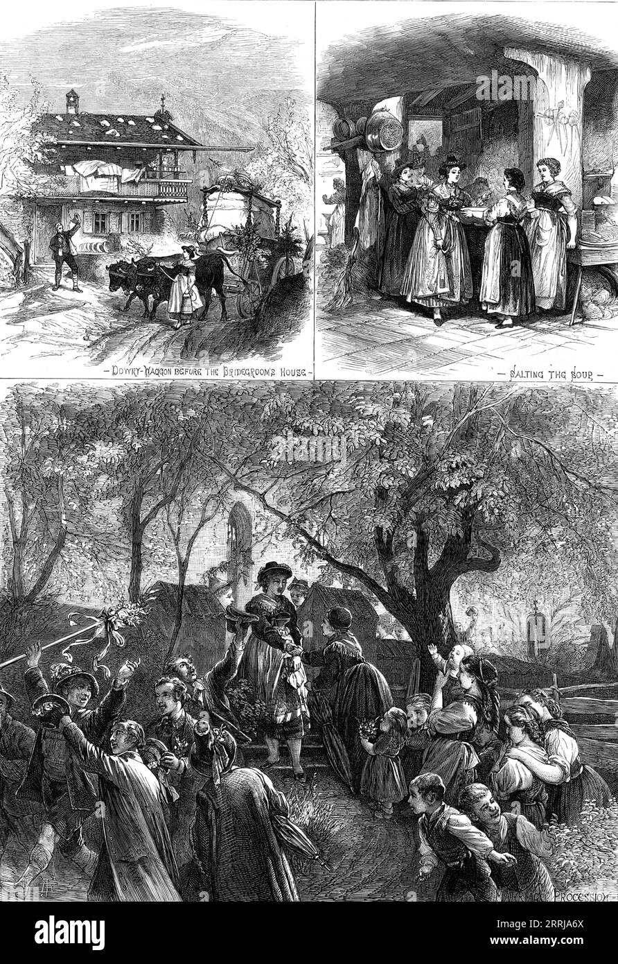 Matrimonio in un villaggio nelle Highlands bavaresi, 1876. "Dowry-Waggon davanti alla casa dello sposo; salare la zuppa; processione di matrimonio... alla vigilia della celebrazione completa, la dote della sposa viene trasportata nella casa dello sposo in un carrello... alleggerito di nastri. Contiene mobili per la casa, il letto nuziale e i vestiti da letto, la ruota girevole della moglie, un petto di lino...il giorno del matrimonio [la sposa] viene con una processione dalla casa di suo padre, scortata dalle damigelle d'onore e dalle Kranzlherrn, o portatori di corona, giovani uomini della sua famiglia, con i suoi parents...friends e vicini, un Foto Stock
