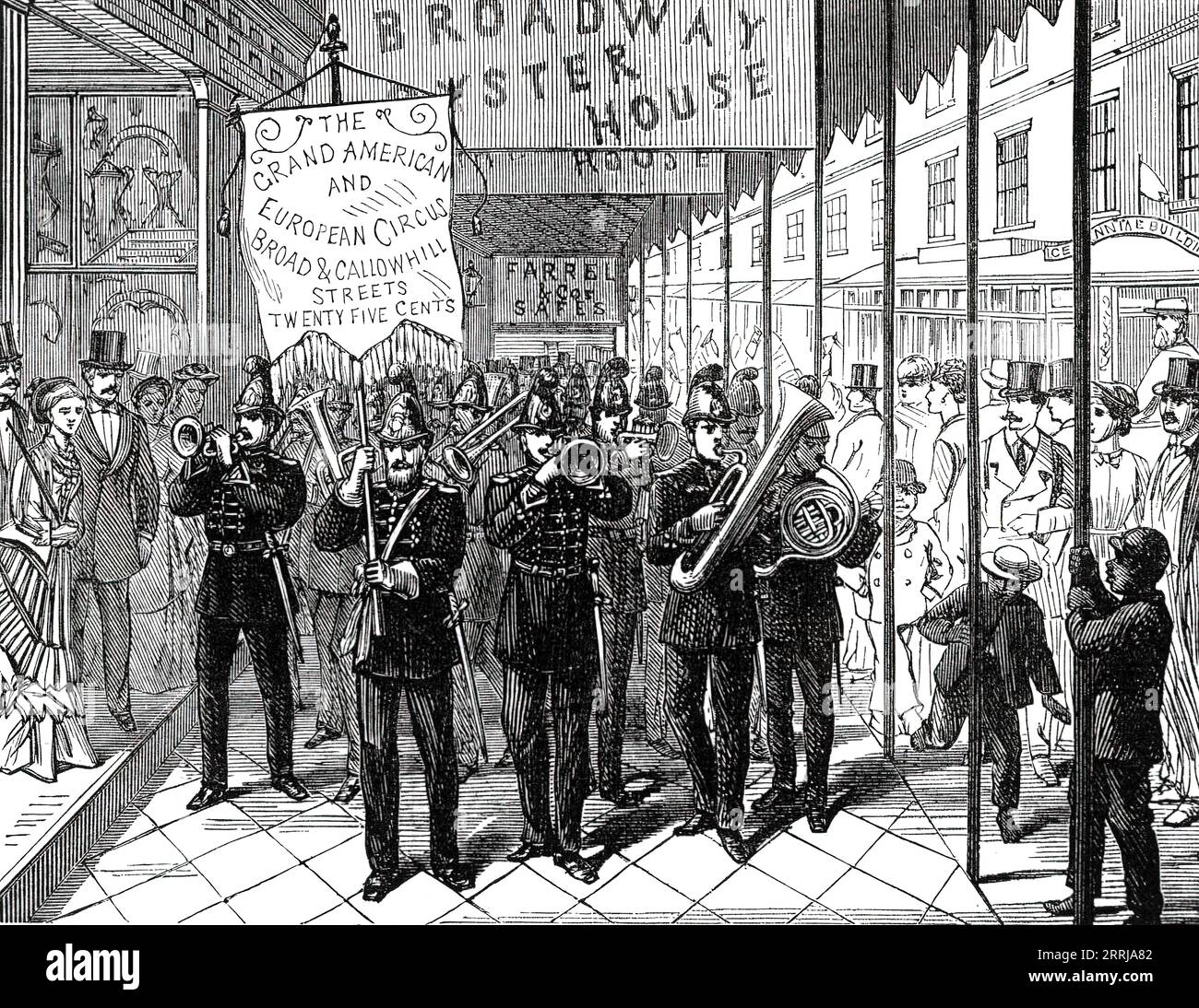 Modalità di pubblicità a Philadelphia, 1876. "Le strade di Philadelphia, come New York e altre grandi città americane, offrono agli sconosciuti non un po' divertente e sorprendente per la sua novità e originalità di invenzione. Esiste un metodo per pubblicizzare gli intrattenimenti pubblici, come quelli di un teatro o di un circo equestre, inviando una banda di ottoni, vestita nel più imponente stile militare, a suonare il suo avvento attraverso la città, lungo i marciapiedi laterali, in un modo che non sarebbe mai tollerato dalla polizia di Londra”. I cartelli recitano: "Il grande Circo americano ed europeo Broad a Foto Stock