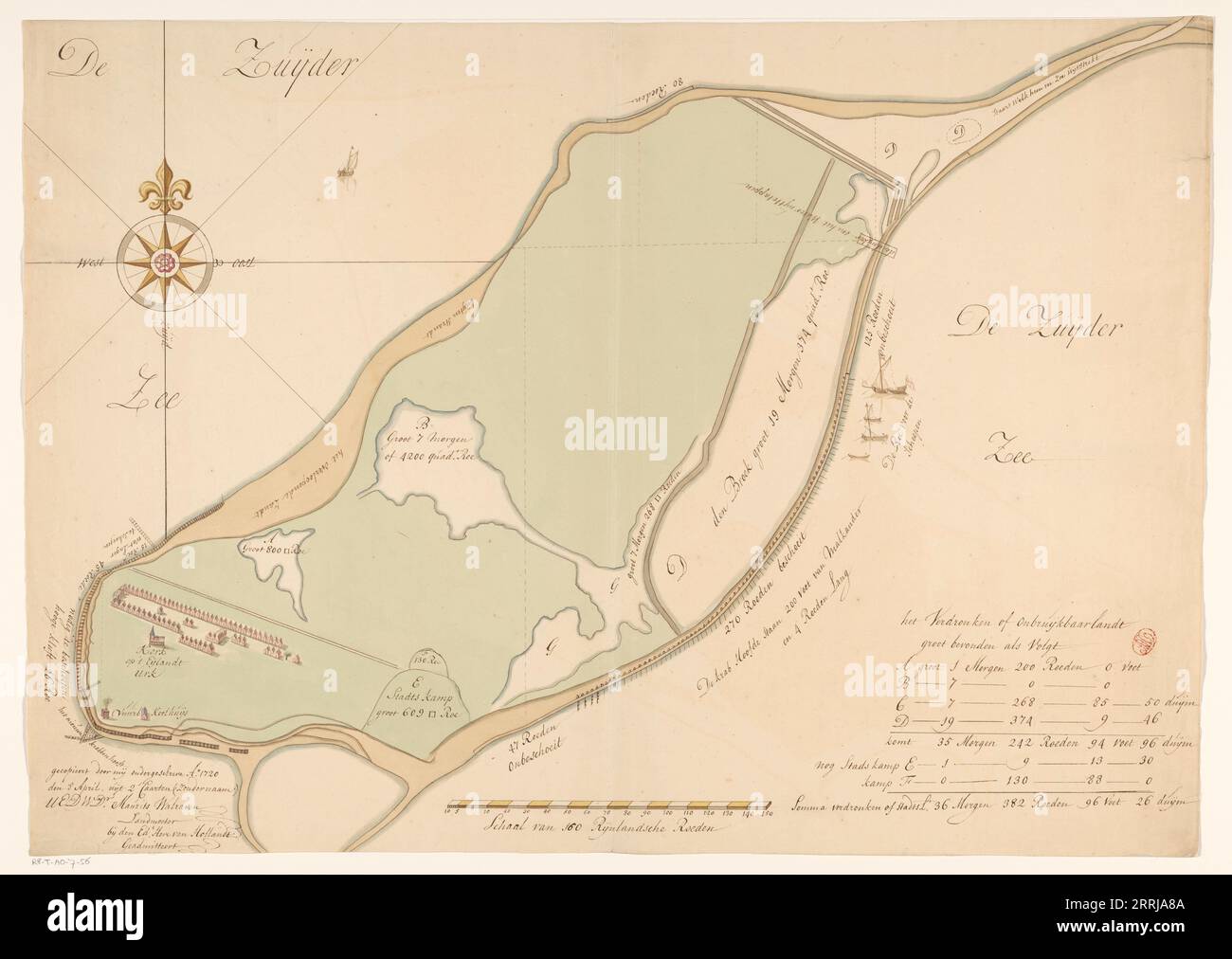 Mappa dell'isola di Urk, 1720. Mappa disegnata a mano nel 1720 dal geometra Maurits Walraven basata su due mappe anonime. Centro in basso: Scala di 160 aste della Renania. In basso a destra la chiave e le informazioni sui pezzi di terra allagati sull'isola, che sono indicati sulla mappa con le lettere da A A F.. Foto Stock