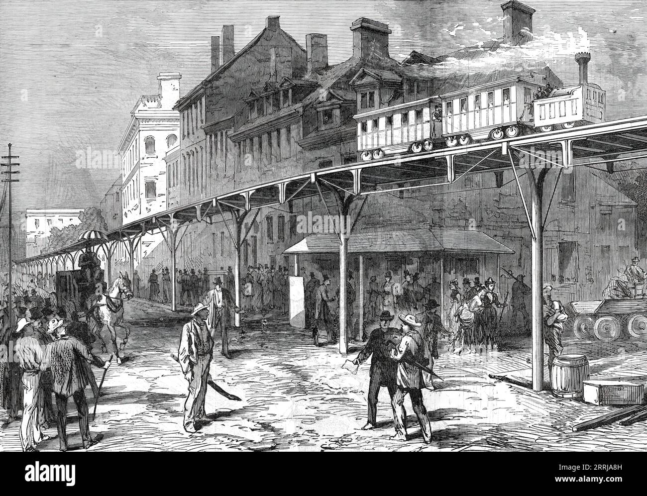 A Street Railway a New York, da uno sketch di uno dei nostri artisti speciali, 1876. Incisione dopo uno schizzo del signor W. Simpson. "Una delle caratteristiche più nuove e notevoli della vita di strada ordinaria a Philadelphia, così come a New York e in altre città americane, è la ferrovia con locomotive e treni che circolano per le strade". Da "Illustrated London News", 1876. Foto Stock