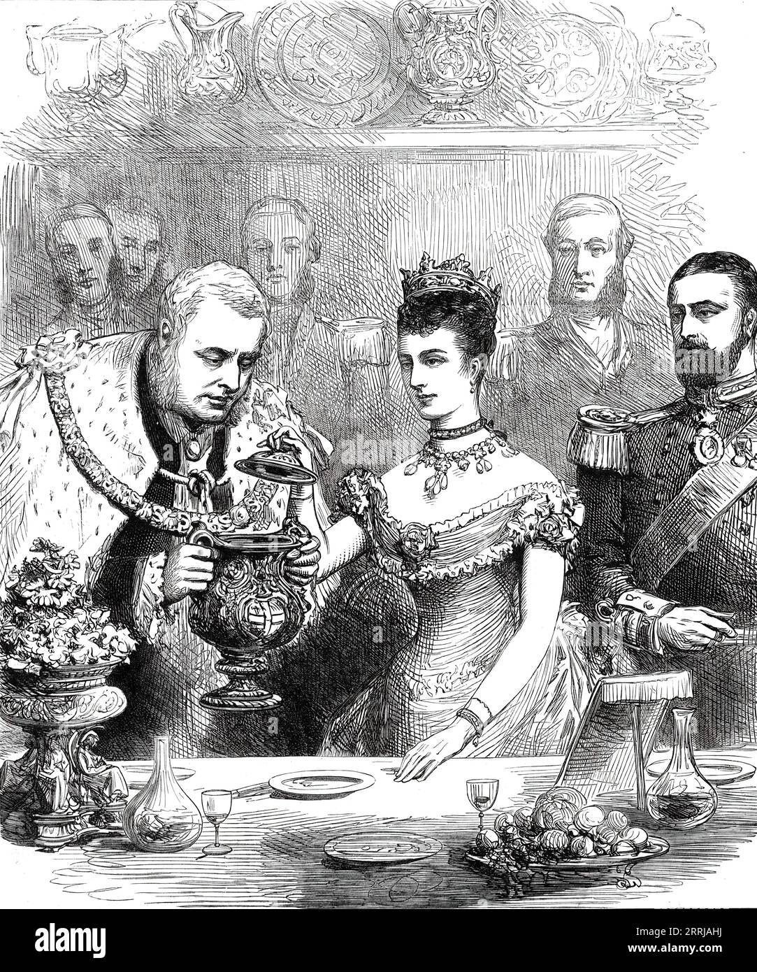 The Guildhall Banquet to the Prince and Princess of Wales: The Loving Cup, 1876. Il futuro re Edoardo VII e la regina Alessandra sono intrattenuti dal Lord Mayor di Londra: '...la consueta consegna e sorseggiare la "tazza amorevole" del Lord Mayor...[il banchetto] era una vista meravigliosa; e se costava ventimila sterline, più o meno, ne valeva la pena; e l'intrattenimento serale sopporterà pienamente il riflesso mattutino degli auditor e dei comitati finanziari... [è stata] la più grandiosa delle grandi cene. Da "Illustrated London News", 1876. Foto Stock