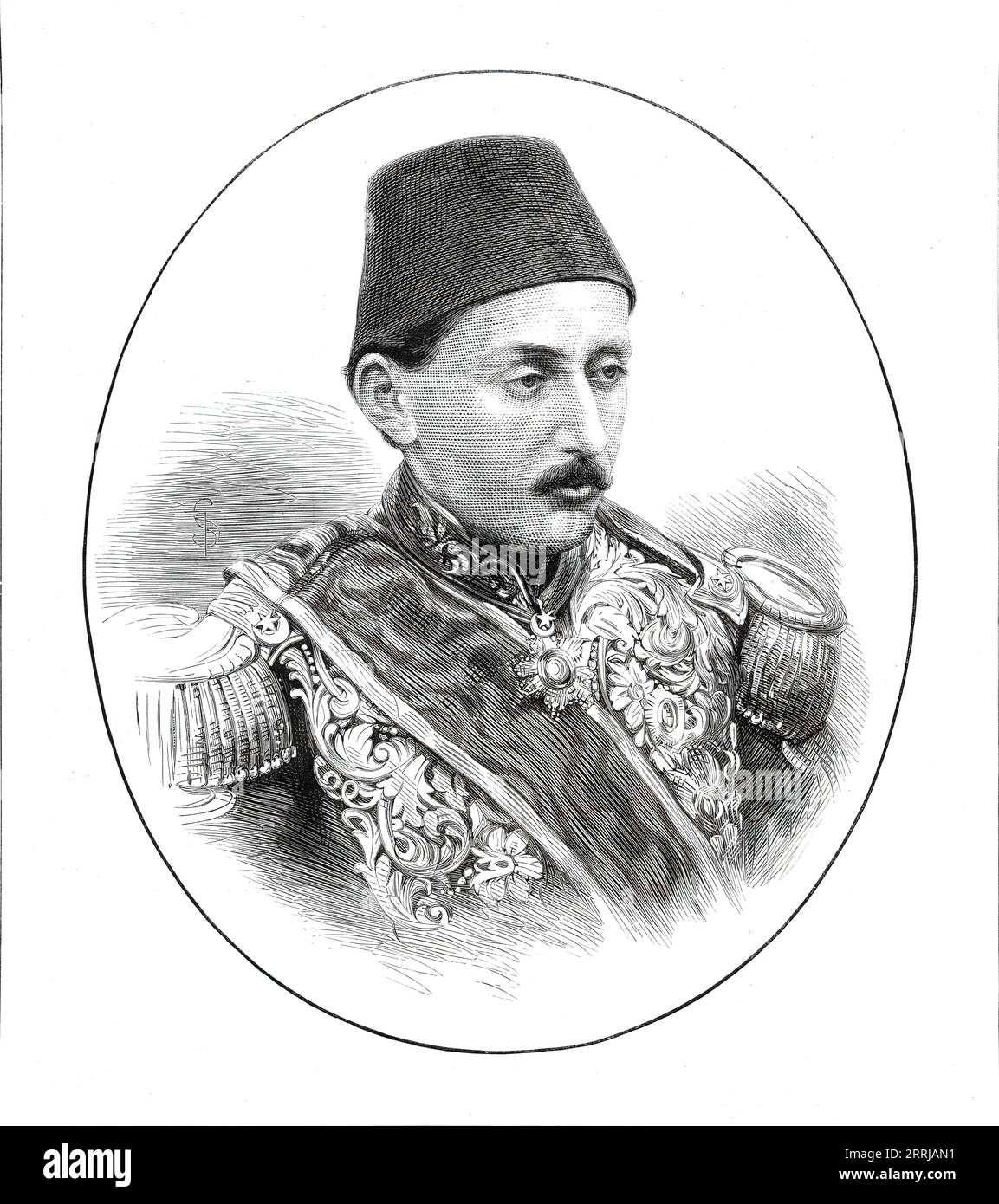 Murad V., il nuovo sultano di Turchia, 1876. "...Ritratto del nuovo sultano, Mourad V., [inciso] dall'eccellente fotografia di lui, dei signori W. e R. Downey, che fu scattata nel luglio 1867, quando venne in Inghilterra con suo zio, il defunto sultano Abdul Aziz. Signori W. e R. Downey, di Eldon-Square, Newcastle-on-Tyne, e di Ebury-Street, Pimlico, a Londra, hanno goduto a lungo di una reputazione speciale, guadagnata nella loro arte dalla ritrattistica più frequente e di successo di sua Maestà [la Regina Vittoria] e dei membri principali della famiglia reale. Hanno anche prodotto somiglianze soddisfacenti di m Foto Stock