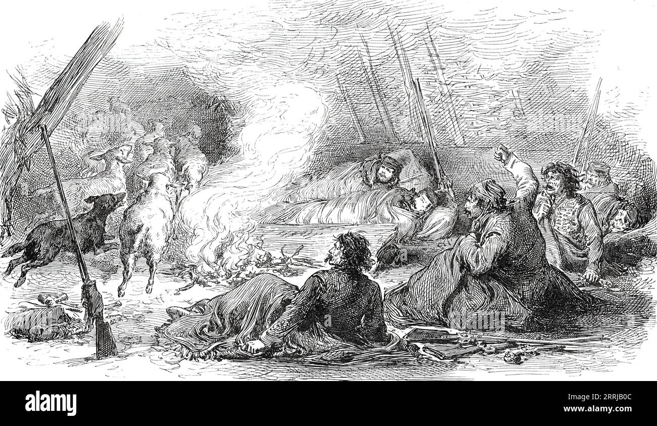 A Journey into the Herzegovina: Sleeping Under Difficities, da uno schizzo del nostro artista speciale, 1876. "I bozzetti dei nostri artisti speciali e di altri pubblicati negli ultimi sei mesi hanno fornito abbondanti illustrazioni delle azioni combattenti tra gli insorti e i turchi, nonché delle sofferenze degli infelici contadini e dello scenario del loro aspro paese, o i vicini porti marittimi dalmati... l'alloggio piuttosto imperfetto per i viaggiatori di notte, sulle strade che conducono a quegli altopiani della costa adriatica... [è mostrato nell'incisione] per l'incoraggiamento Foto Stock