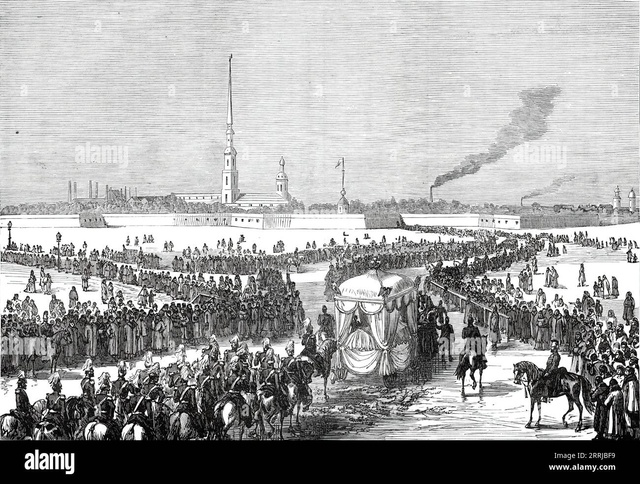 Funerale della Granduchessa Maria Nicolaievna a St. Pietroburgo, 1876. La vista dall'Hermitage, mentre la processione si svolgeva lentamente dietro l'angolo del Palazzo d'Inverno... e attraverso la Neva ricoperta di neve fino alla "Chiesa della Fortezza", era grandiosa e impressionante. La strada, secondo l'invariabile usanza russa, era cosparsa di rami di abete... i clergy...carrying cerotti illuminati, precedevano il bier, che era drappeggiato in bianco e oro, ed era trainato da quattro cavalli. L'Imperatore, alla presenza di tutta la famiglia imperiale, cavalcò subito dietro... fu una giornata brillante e gelida, con quel luccichio dentro Foto Stock