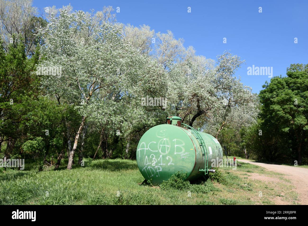 Serbatoio di stoccaggio dell'acqua nella foresta primaverile nel Var Département Provence nel sud della Francia. Lago artificiale per combattere gli incendi boschivi Foto Stock