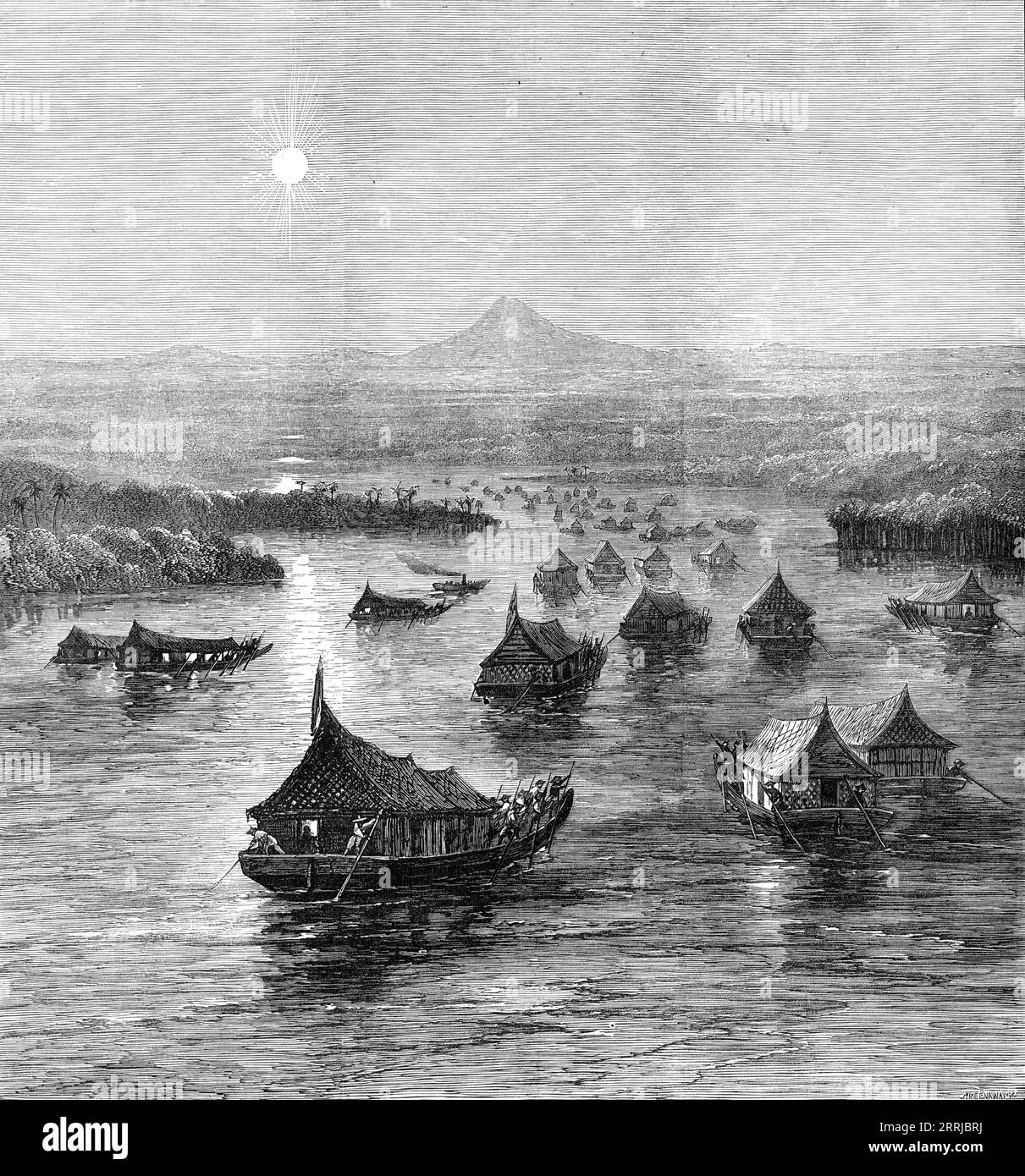 La spedizione contro i malesi: La forza britannica ascendente al fiume Perak, 1876. Episodio di The Perak War: "...le forze militari e navali congiunte, sotto il comando del maggiore generale Colborne, C.B., e del capitano Alexander Buller, R.N., risalendo il fiume Perak, nella penisola malese, per punire gli assassini del defunto signor Birch, il residente britannico tra le tribù malesi di quella regione...[vedi] presi appena sopra Passir Telor. Mostra la flottiglia di quarantacinque barche, che trasportano la forza lungo la loro strada fino al fiume. Le grandi barche quadrate sono quelle che trasportano pistole, provviste e carboni f Foto Stock