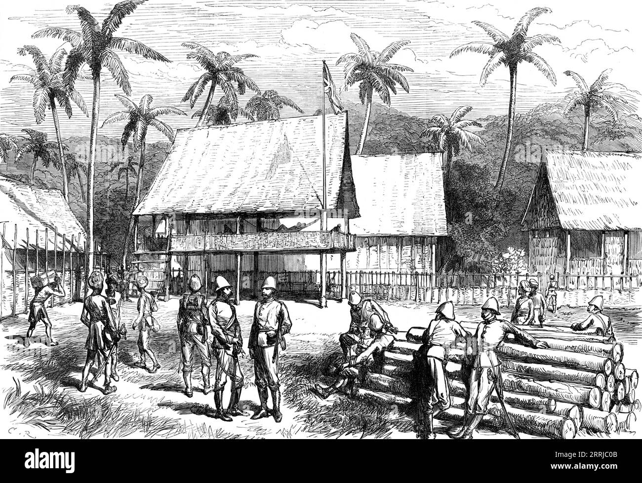 La spedizione contro i malesi di Perak: Alloggi degli ufficiali, Campong Boyah, 1876. Incisione su uno schizzo del sottotenente Holme, di una caserma dell'esercito britannico. "L'oltraggio perpetrato dai malesi di Perak, nella penisola malese, per l'omicidio di J. J. Birch, il residente politico britannico, è stato punito da una forza militare... la forza combinata inglese ha preso possesso di Kinta, senza perdite... dopo tre giorni di marcia da Blanja, attraverso venti miglia di giungla... non c'era alcuna seria opposizione... i malesi furono rapidamente sfollati da armi e razzi... Ismail e Maharajah Foto Stock
