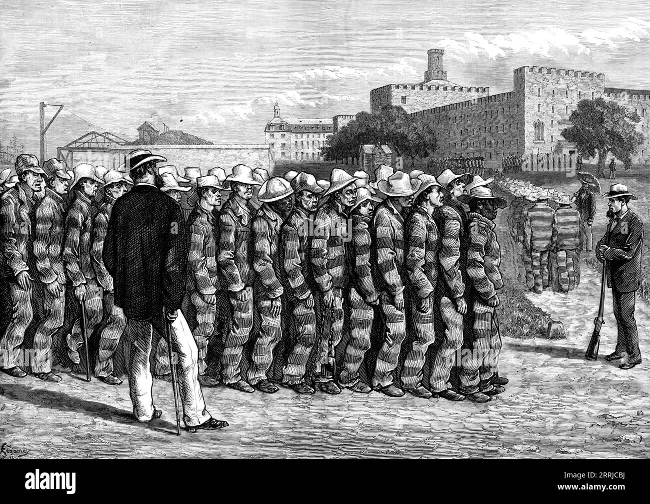 American Sketches: Prison Life on Blackwell's Island - No. 1. di ritorno dal lavoro, 1876. Nel penitenziario... dove lo sketch è stato preso dal nostro corrispondente, il defunto M. Regamey, circa 600 maschi e femmine sono di solito confinati in una sola volta. Gli uomini sono tenuti al lavoro nelle cave e nel taglio della pietra, nella costruzione di una diga per il porto, nella costruzione di strade e nel giardinaggio; ma alcuni di loro lavorano nei loro mestieri specializzati. La nostra illustrazione mostra l'apparizione brutale di una banda di questi compagni sotto l'occhio del loro guardiano armato, mentre tornano dal compito quotidiano del lavoro duro... nella città di New Foto Stock American Sketches: Prison Life on Blackwell's Island - No. 1. di ritorno dal lavoro, 1876. Nel penitenziario... dove lo sketch è stato preso dal nostro corrispondente, il defunto M. Regamey, circa 600 maschi e femmine sono di solito confinati in una sola volta. Gli uomini sono tenuti al lavoro nelle cave e nel taglio della pietra, nella costruzione di una diga per il porto, nella costruzione di strade e nel giardinaggio; ma alcuni di loro lavorano nei loro mestieri specializzati. La nostra illustrazione mostra l'apparizione brutale di una banda di questi compagni sotto l'occhio del loro guardiano armato, mentre tornano dal compito quotidiano del lavoro duro... nella città di New Foto Stock
