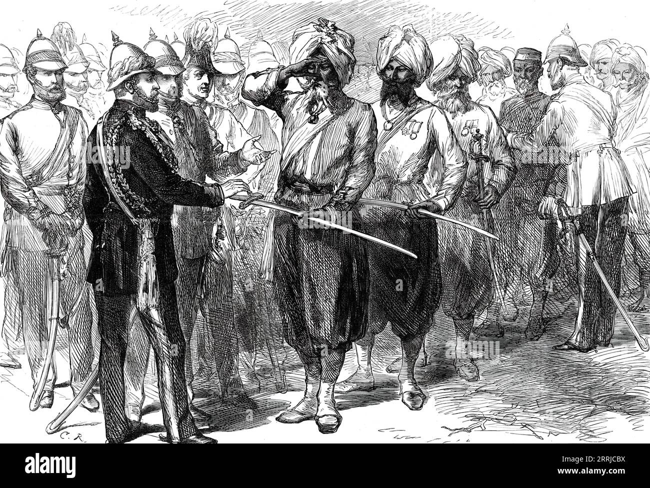 Il Principe di Galles riceve i sopravvissuti della difesa di Lucknow, da uno schizzo di uno dei nostri artisti speciali, 1876. "Per rendere più efficace la cerimonia di posa della pietra, eseguita dal principe, le truppe che presentavano armi e artiglieria in saluto, i sopravvissuti dei difensori nativi erano stati raccolti da Oude e da altre parti dell'India. Queste, nelle loro vecchie uniformi, erano state redatte a portata di mano... tra i presenti c'era il vecchio Ungud, la famosa spia, e Carronjee Lai], il compagno di Kavanagh nella sua audace avventura. Il principe ne ha parlato molto gentilmente all'entertai nativo Foto Stock